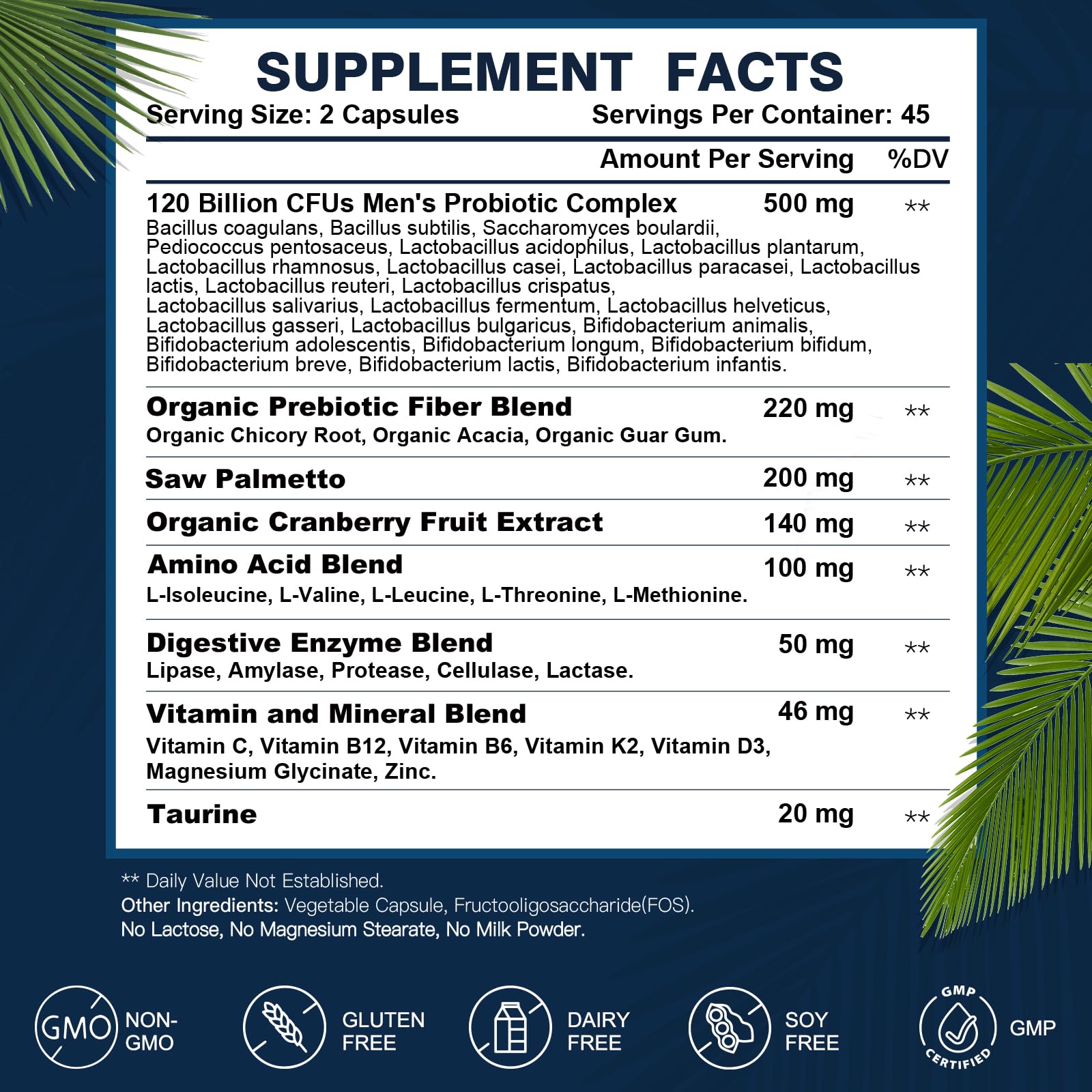 Probiotics for Men Digestive Health - 120 Billion CFUs with Saw Palmetto, Cranberry & Digestive Enzymes | 90 Capsules