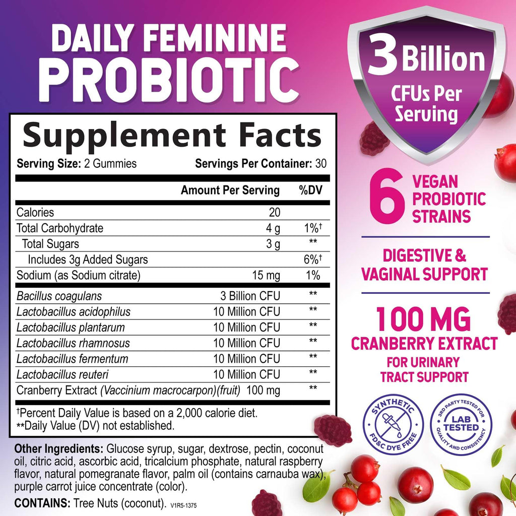 Probiotics for Women Gummies with Cranberry — 3 Billion CFU, 6 Strains, Digestive & Vaginal Health (60 Gummies)