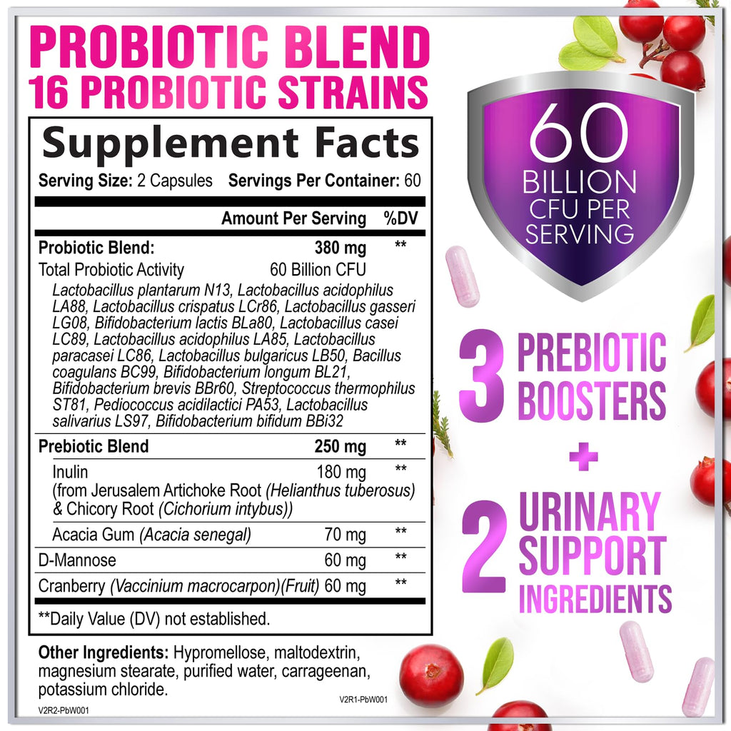 Probiotics for Women Digestive Health Support - 60 Billion CFU Women's Probiotic, 16 Strains, for pH Balance, Vaginal Support with Cranberry for Gut Health, Urinary & Immune Support - 120 Capsules