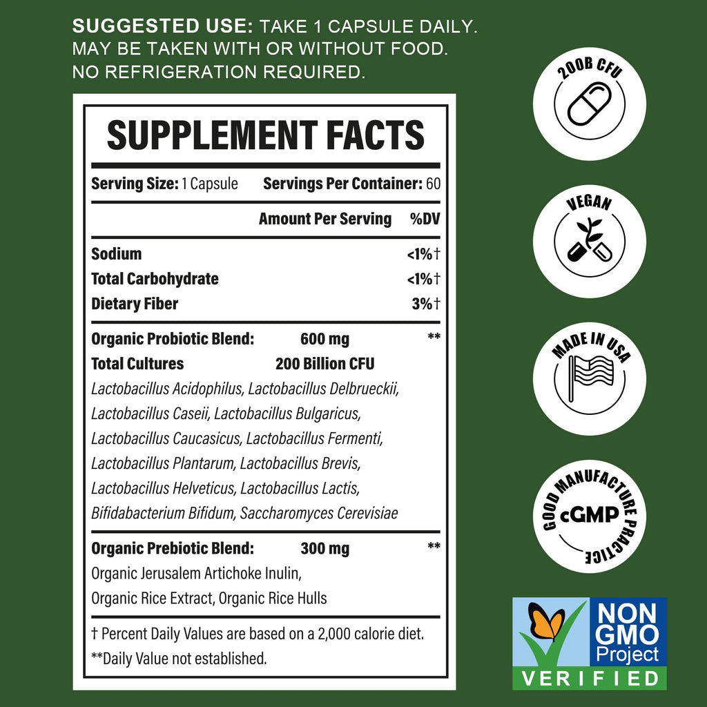 Probiotics for Women & Men – 200B CFU, 12 Strains, 3 Organic Prebiotics, 2-Month Supply