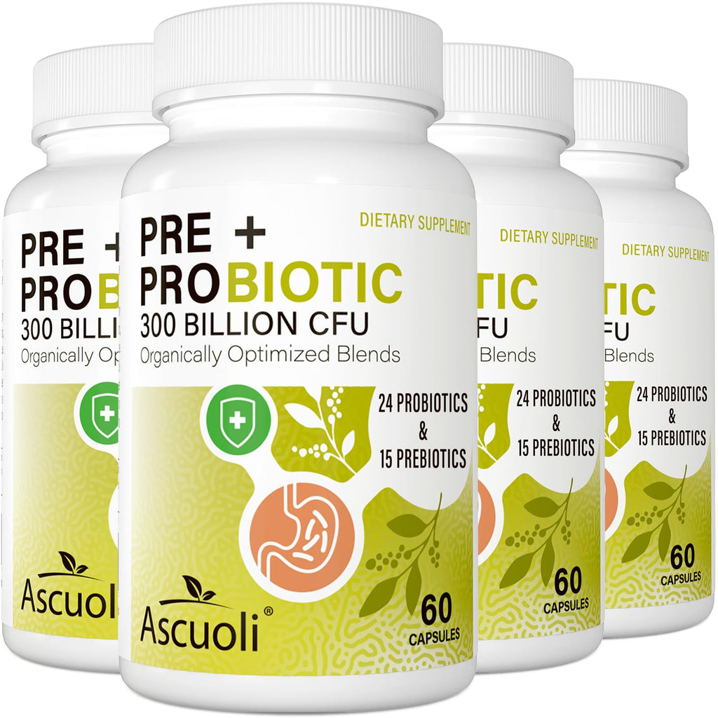 Ascuoli Probiotics for Women & Men – 300B CFU, 24 Strains + 15 Organic Herbs Prebiotic Blend | 240 Veg Capsules