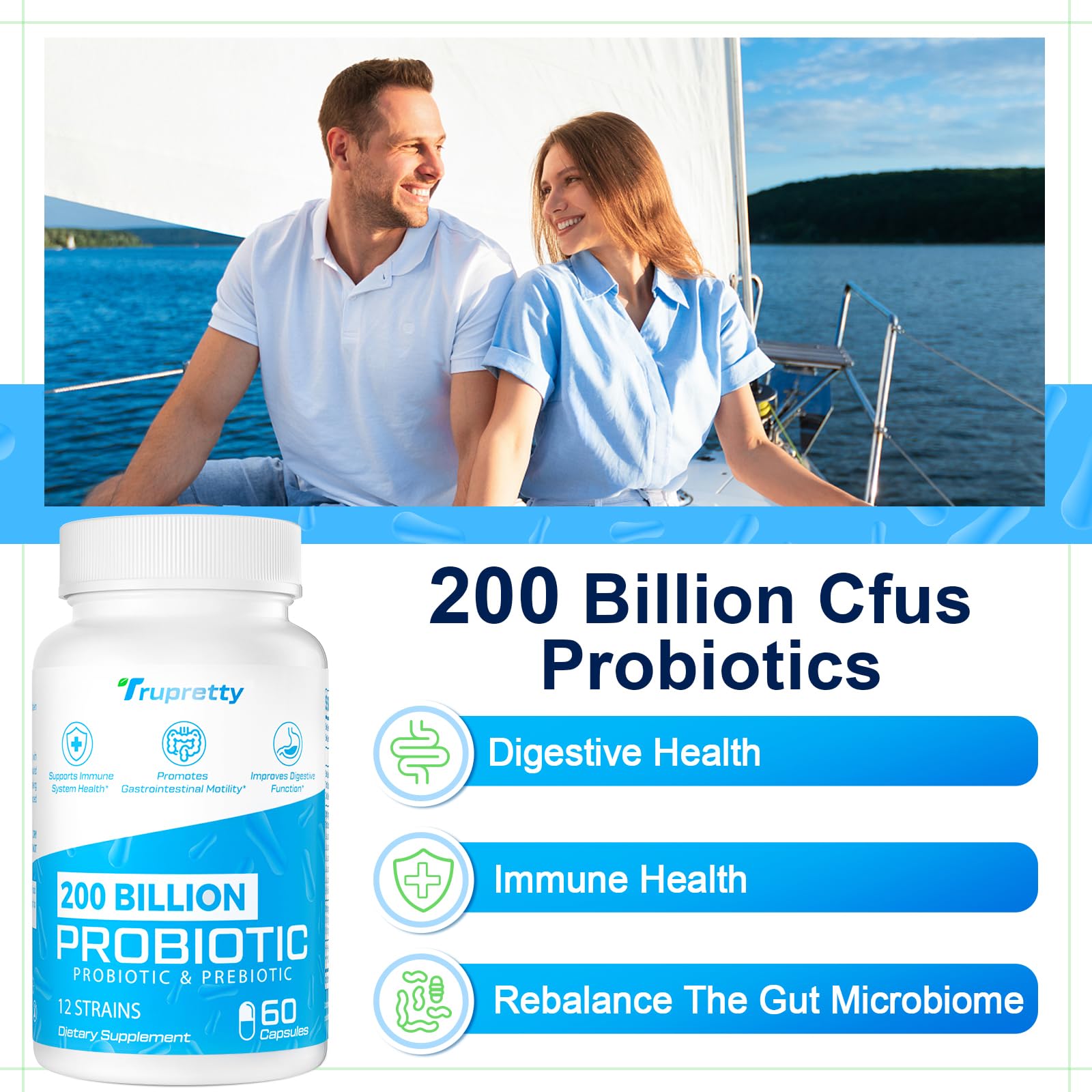 Probiotics for Women & Men | 200 Billion CFUs, 12 Strains | Daily Probiotic with 3 Prebiotics | Shelf-Stable & Vegan, 60 Caps