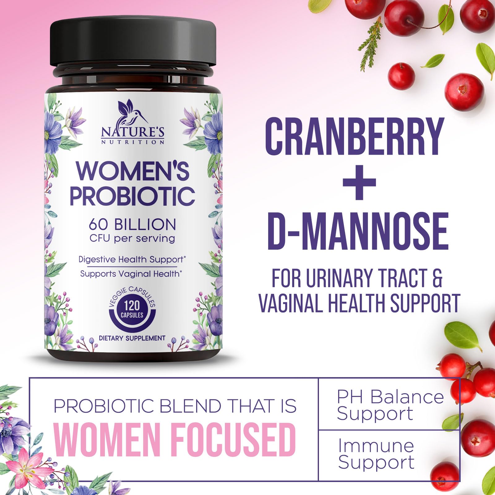 Probiotics for Women's Digestive Health - 60B CFU, 16 Strains | Cranberry & D-Mannose | 120 Capsules | Made in USA