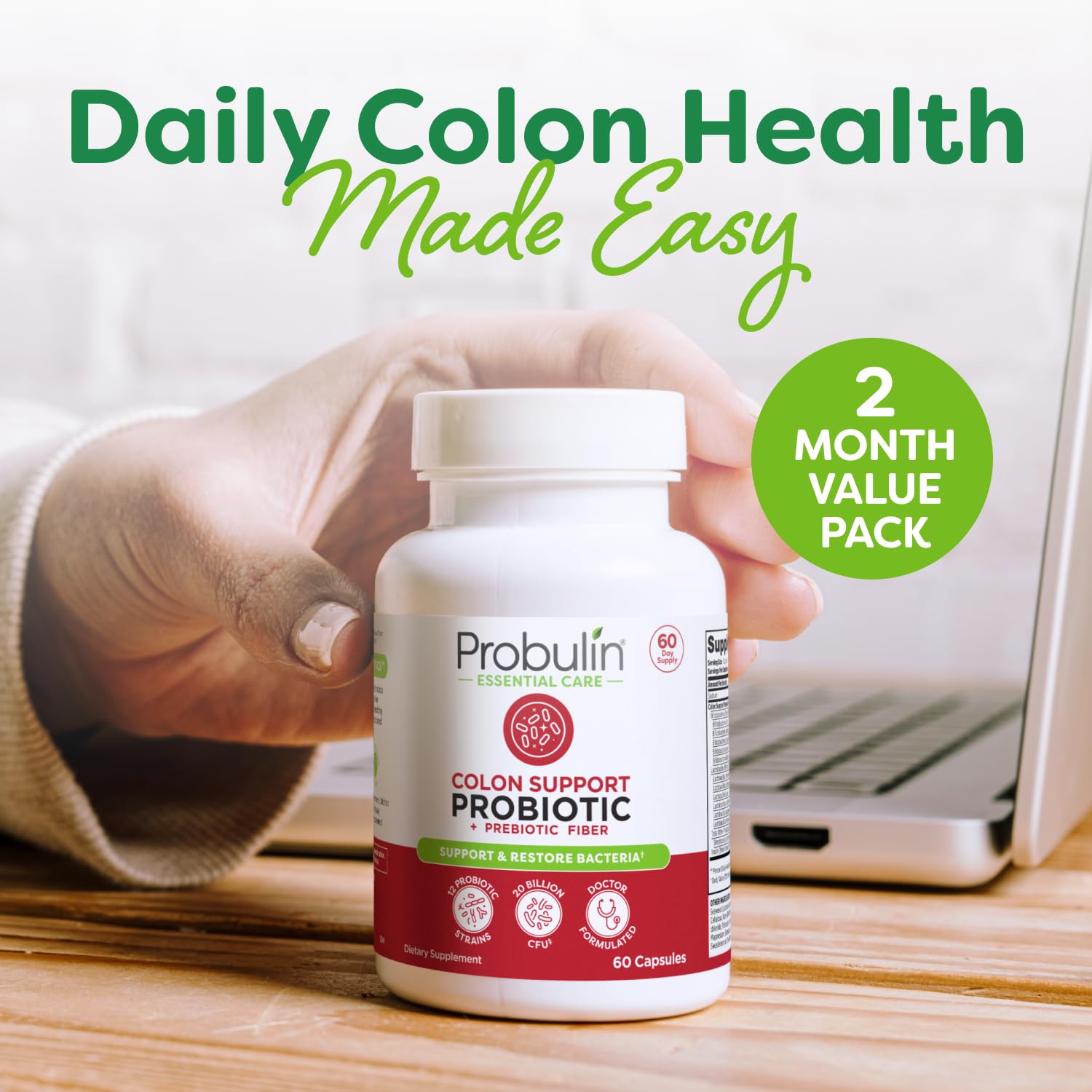 Probulin Colon Support Probiotic - 20 Billion CFU, Vegan Capsules, Digestive & Immune Health | 60 Count