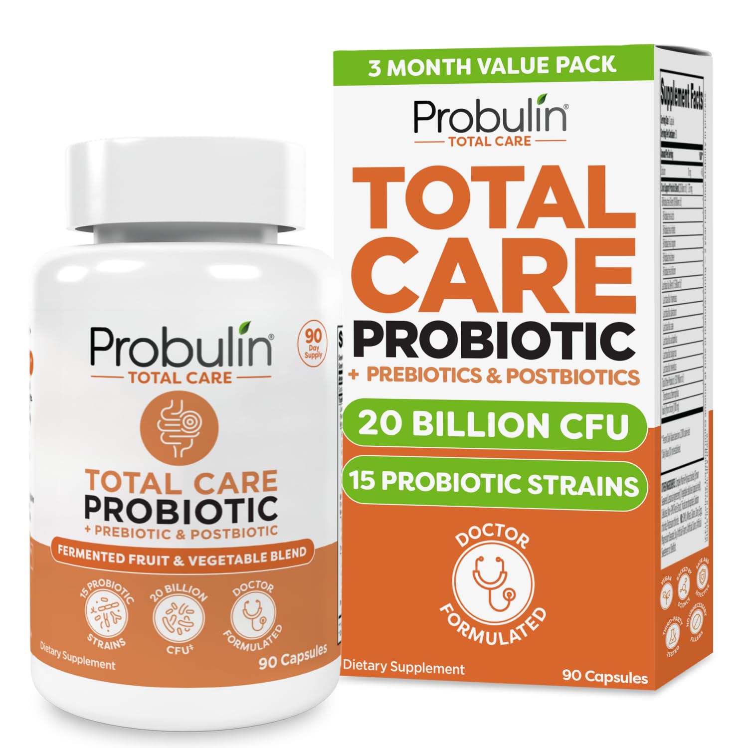 Probulin Total Care Probiotic | 20 Billion CFU, Gut, Digestive & Immune Support, 90-Count Vegan Capsules