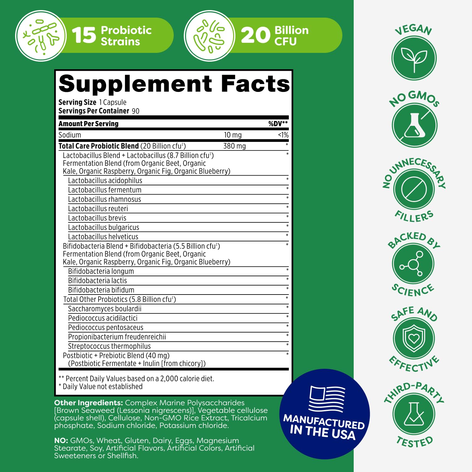 Probulin Total Care Probiotic | 20 Billion CFU, Gut, Digestive & Immune Support, 90-Count Vegan Capsules