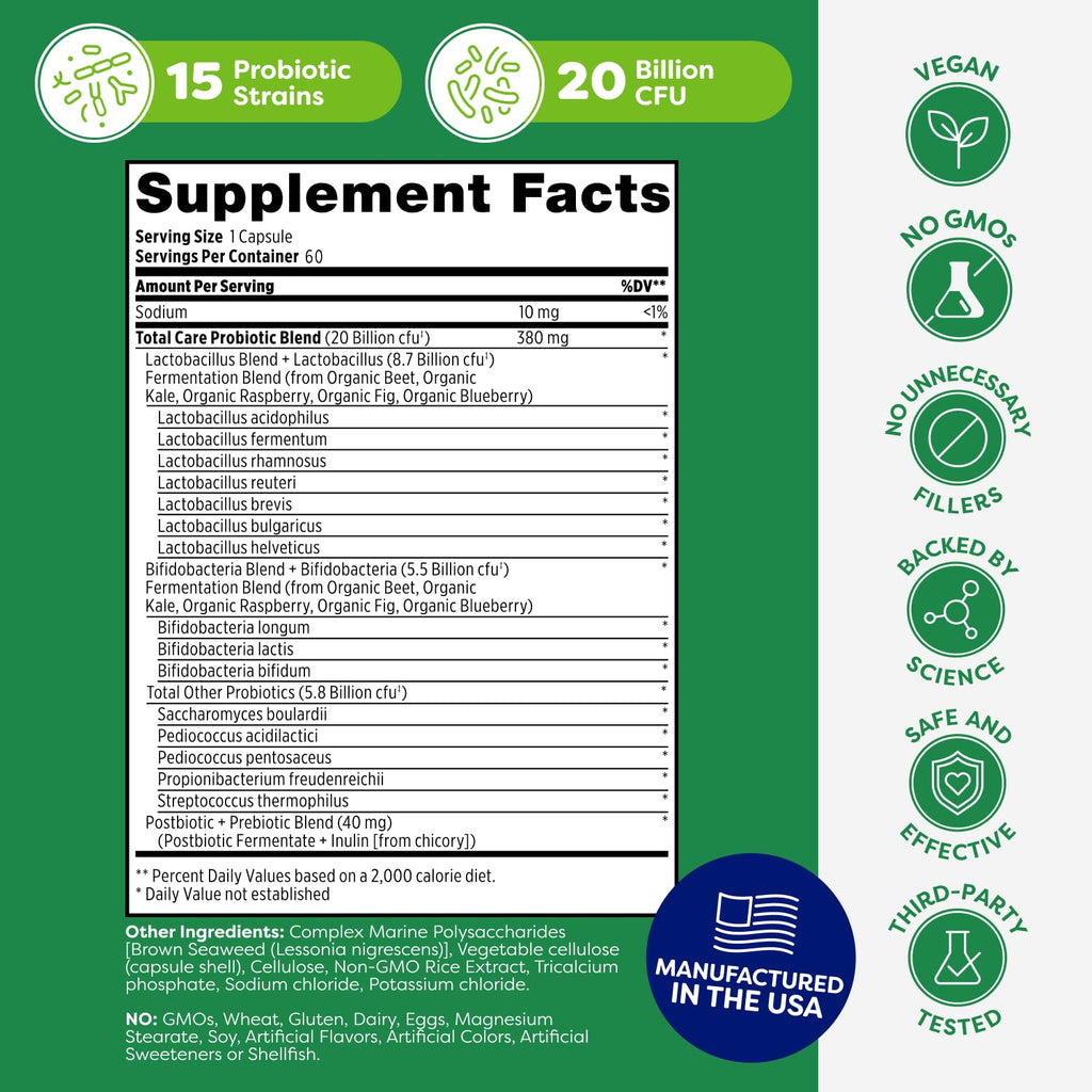 Probulin Total Care Probiotic Supplement – 20B CFU, 60-Count Vegan Capsules