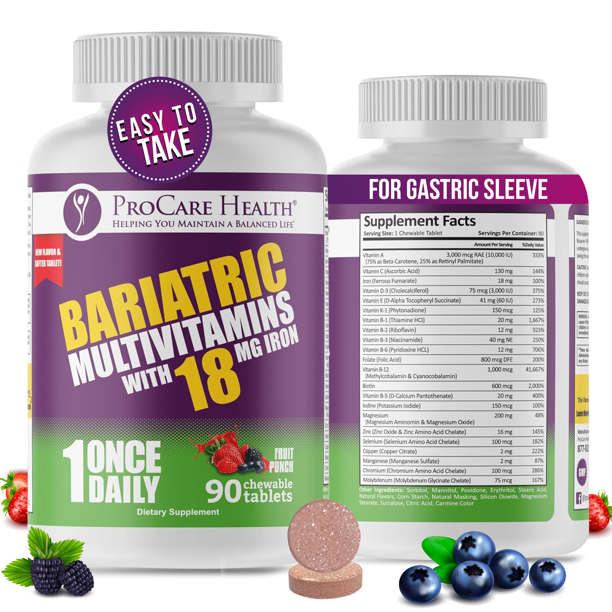 ProCare Health Bariatric Chewable Multivitamin with Iron 18mg (90 Tablets) - Fruit Punch Flavor - For Gastric Bypass & Sleeve Gastrectomy Patients* (3 Month Supply)