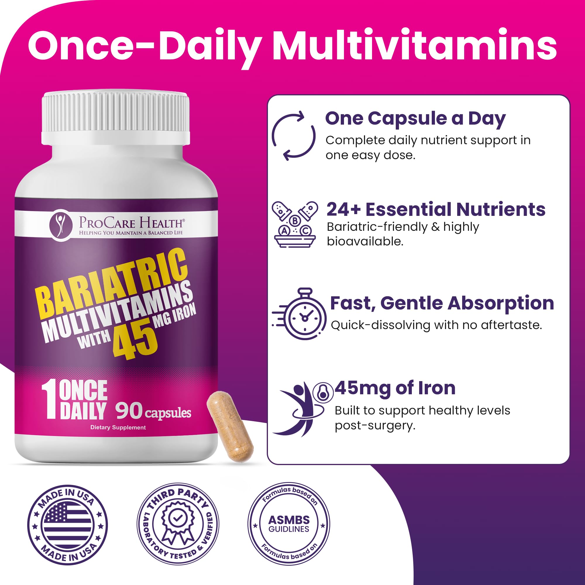 ProCare Health Bariatric Multivitamin 45mg Iron – Once Daily Capsule for Post-Op Support | 90 Capsules, 3-Month Supply
