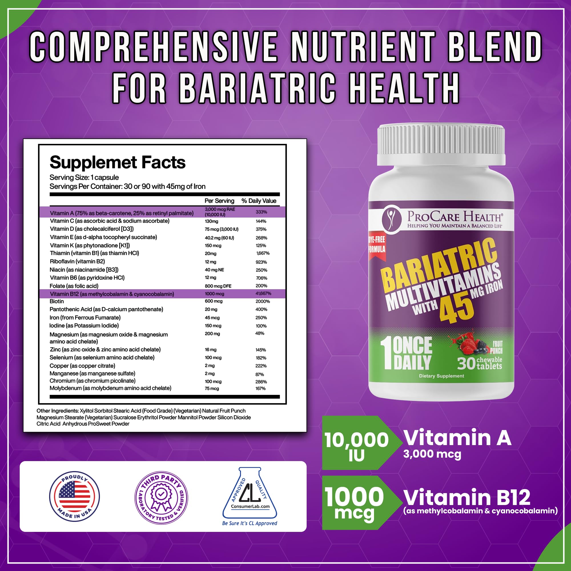 ProCare Health Bariatric Multivitamin with Iron 45mg – Fruit Punch Chewable (30 Tablets)