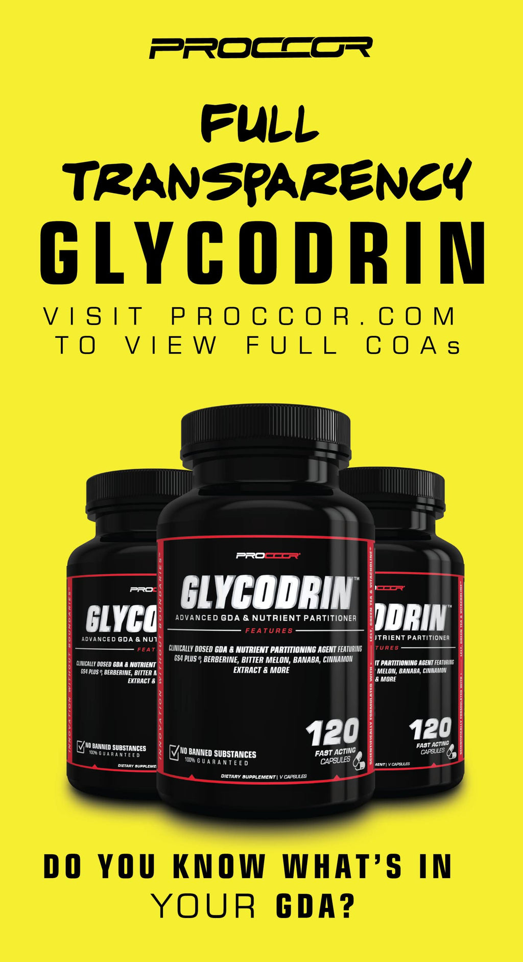 PROCCOR GLYCODRIN GDA with Berberine, Cinnamon, Banaba — 120 V Capsules, Gelatin-Free