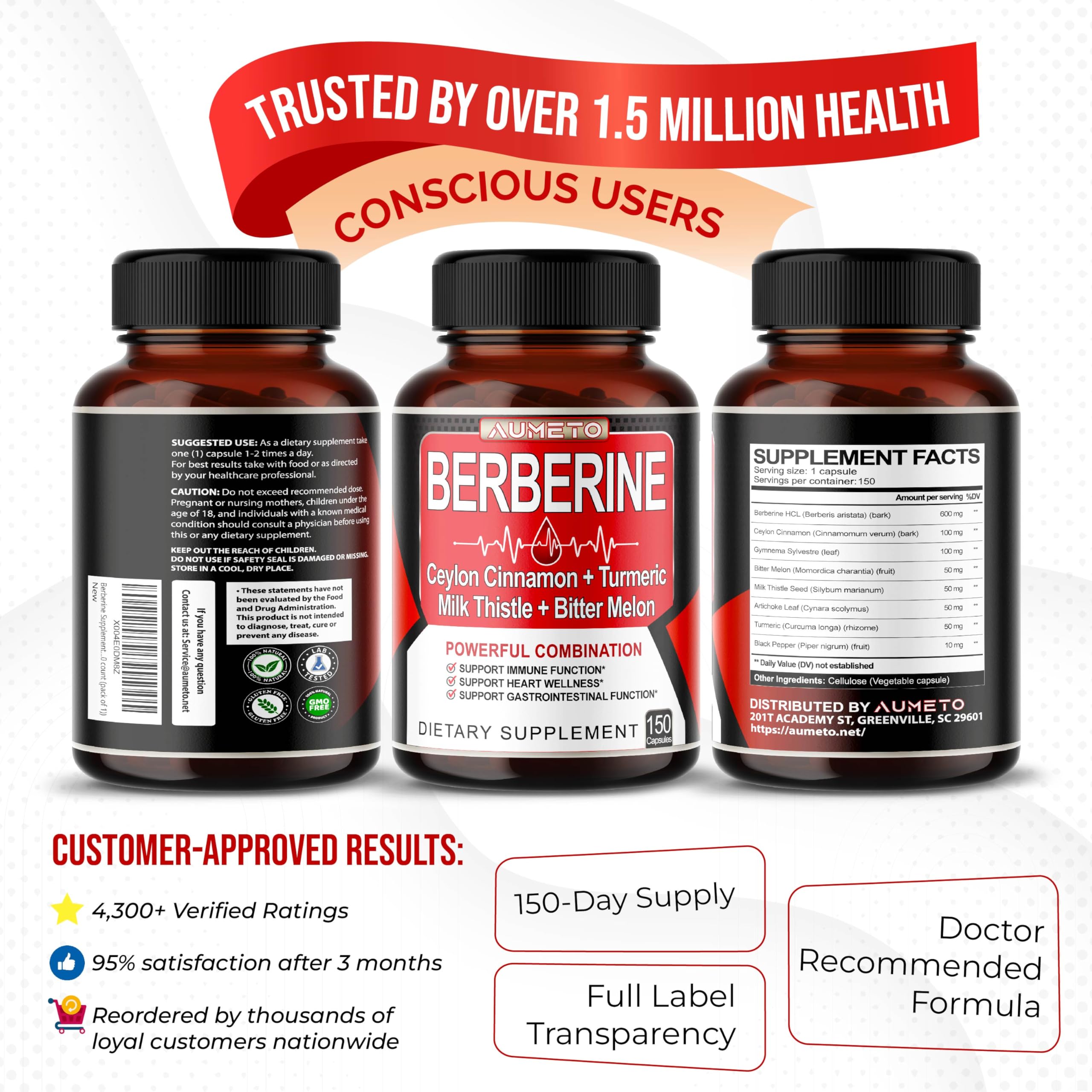 Berberine Supplement with Cinnamon, Turmeric & Milk Thistle – 150 Count
