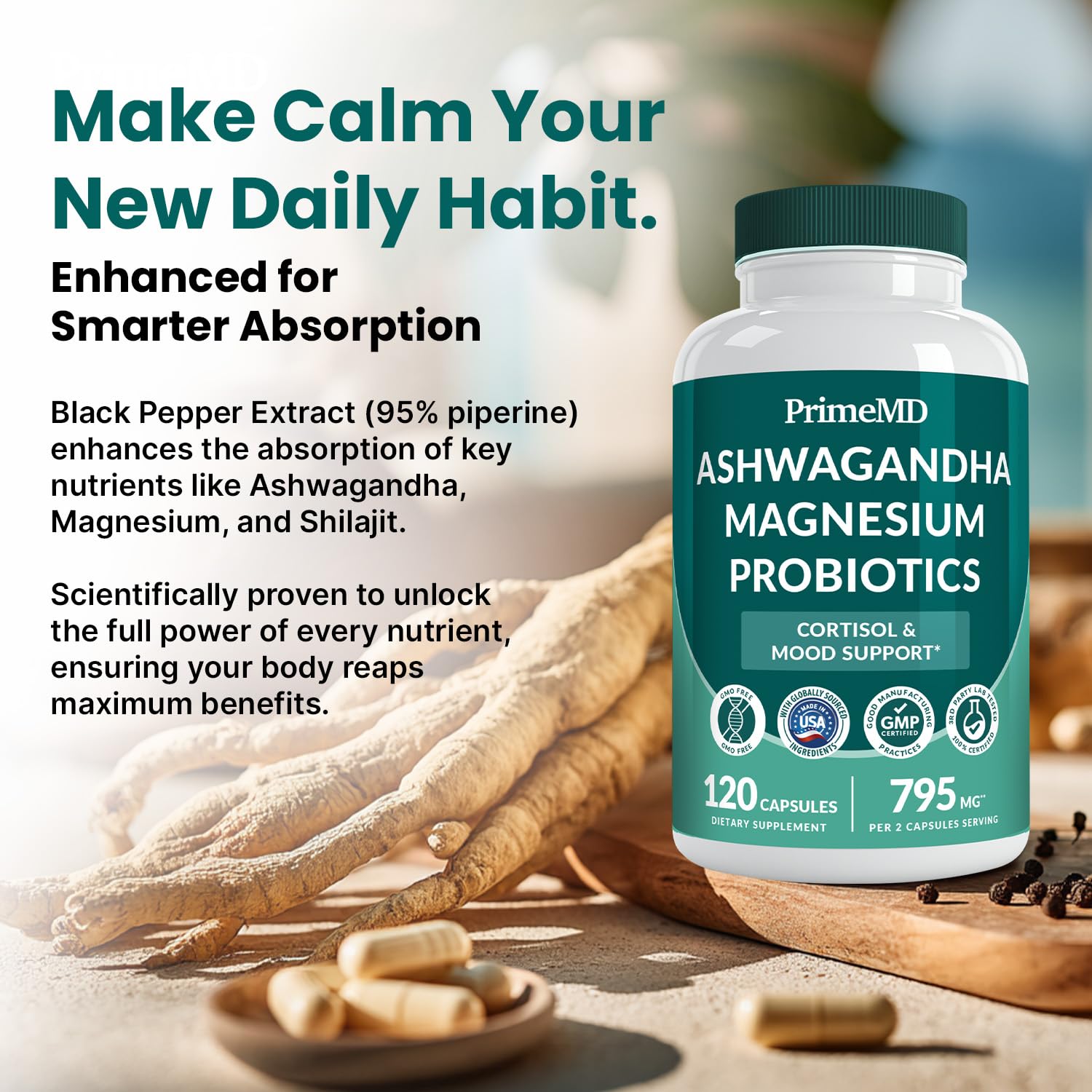 5-in-1 Cortisol Support for Women & Men – Ashwagandha, Magnesium Glycinate, Shilajit, Probiotics (120 ct)