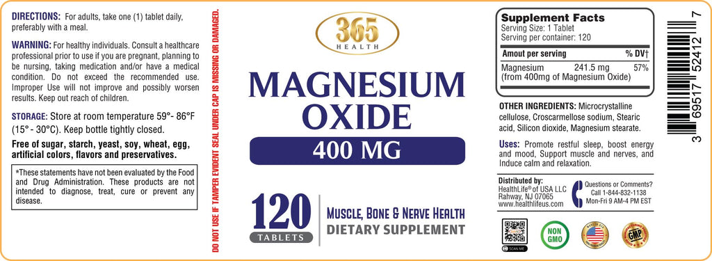 Magnesium 400mg High Potency – USA Made Magnesium Oxide, 120 Tablets