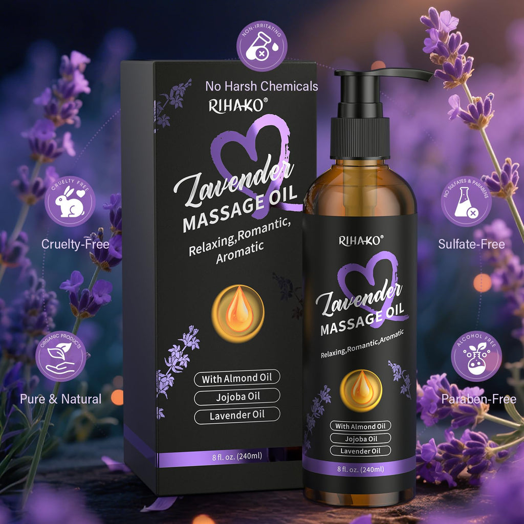 Date Night Lavender Body Massage Oil for Couples – Vegan, Smooth Glide (8 fl oz)