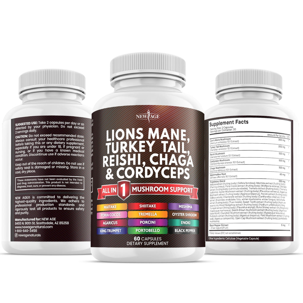 NEW AGE Lions Mane 20-in-1 Mushroom Supplement with Turkey Tail, Reishi, Chaga, Cordyceps, Marshmallow Root – 180 Count
