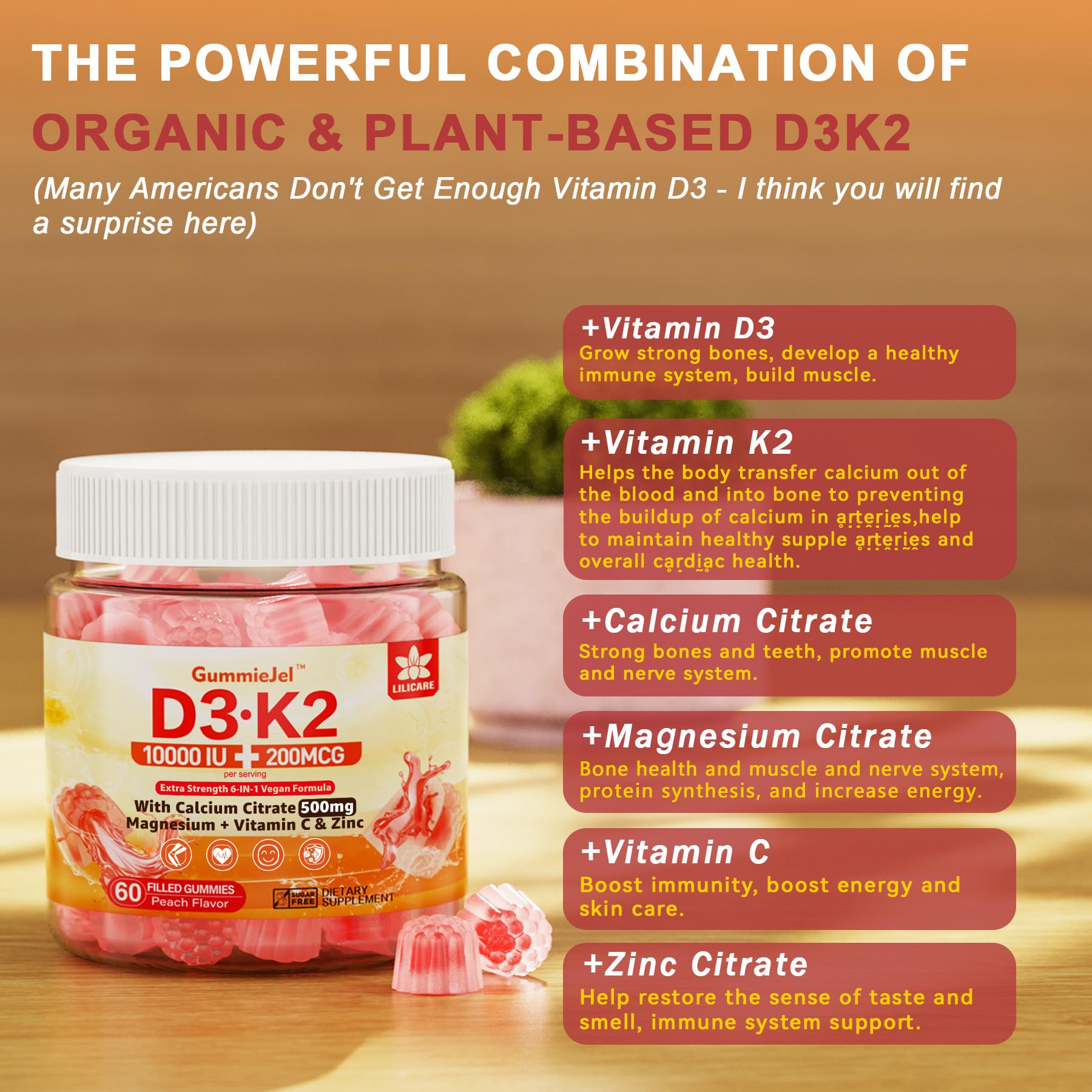 Vitamin D3 K2 Gummies 5000/10000 IU – Vegan, 60 Count | Calcium 500mg, MK-7 200mcg