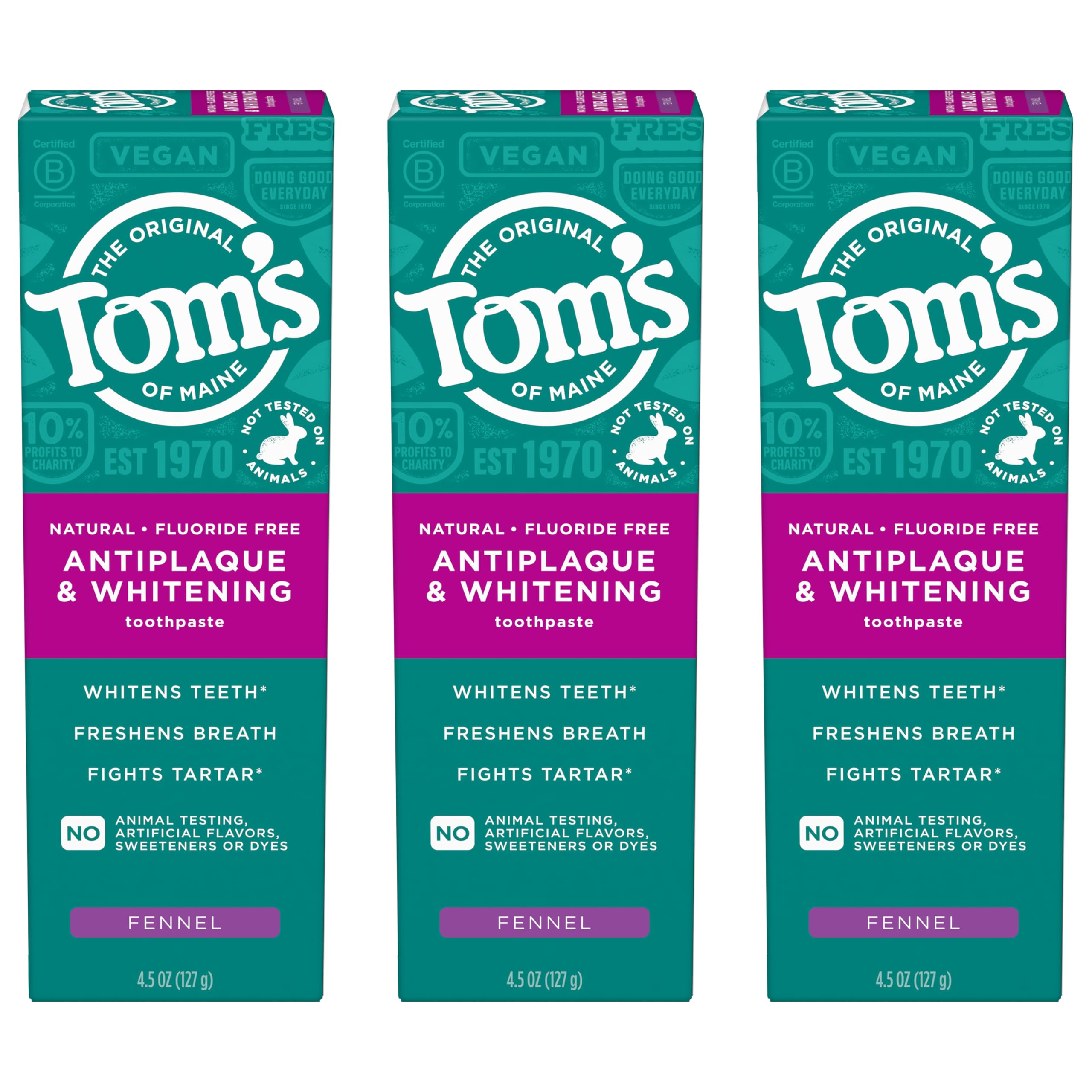 Tom’s of Maine Antiplaque and Whitening Fluoride Free Toothpaste - Fennel, 3 Pack, 4.5 oz