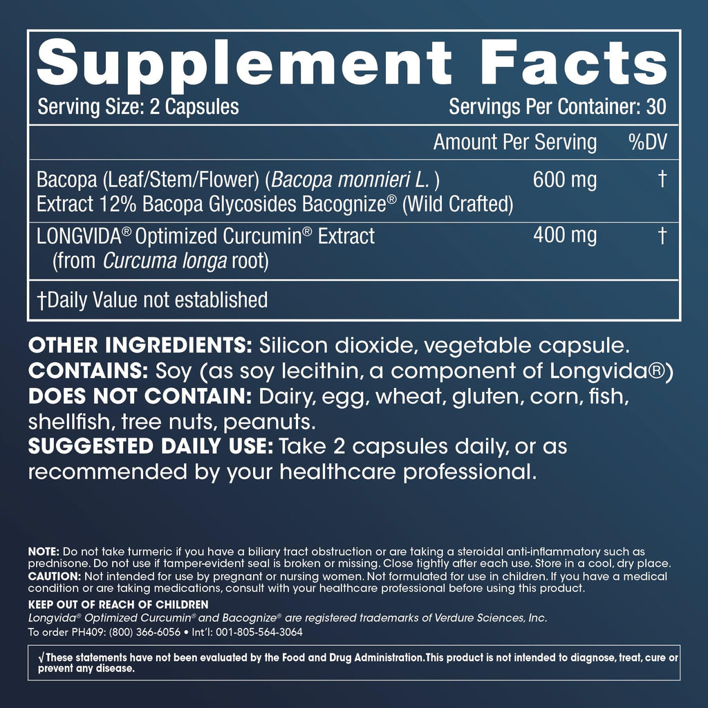 ProHealth 2-Pack Brain & Focus - Optimized Curcumin Longvida with BaCognize Bacopa Monnieri (60 Veggie Capsules)