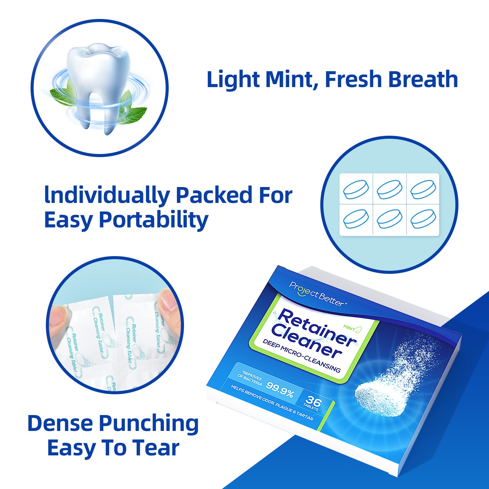 PROJECT BETTER Retainer Cleaner Tablets & Denture Cleaning Tablets for Dental Appliances and Night & Mouth Guard (36 Counts)