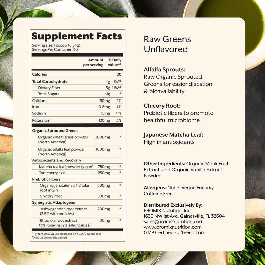 ProMix Nutrition Raw Greens Superfood Blend - Sprouted Alfalfa, Wheatgrass, Ashwagandha & Rhodiola - 30 Servings