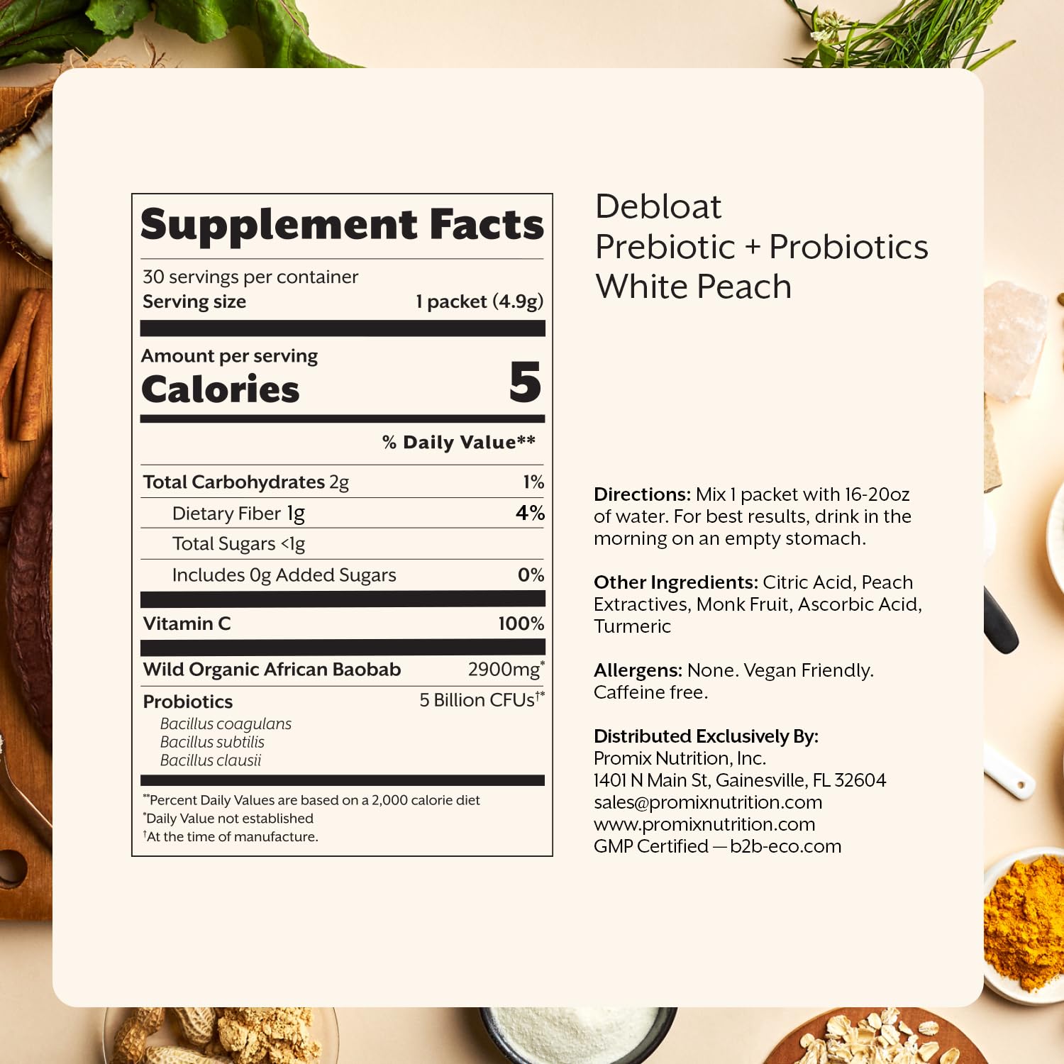 ProMix Nutrition Debloat: Prebiotics & Probiotics for Bloating Relief (White Peach) - 30 Servings