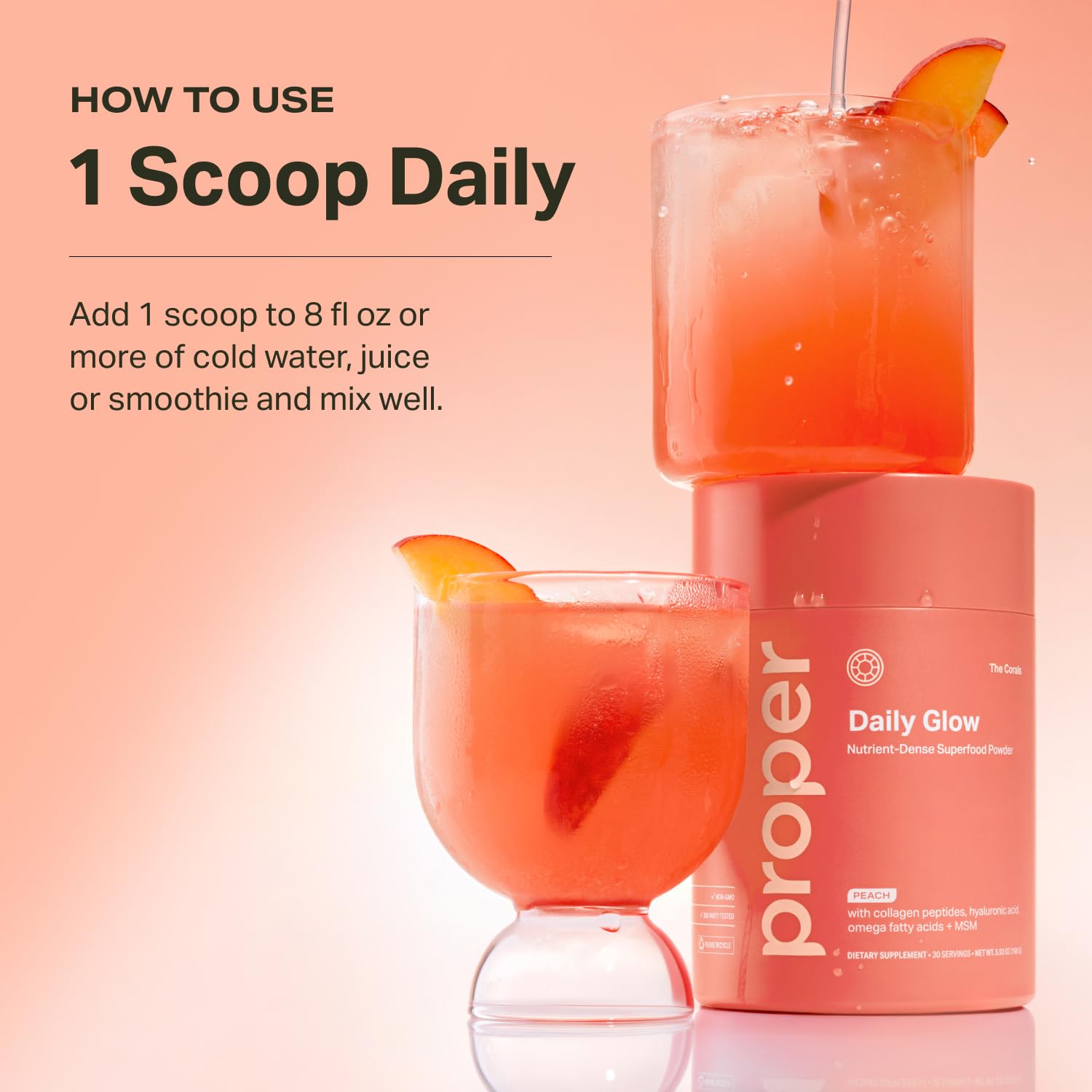 Proper, The Corals Daily Glow Beauty Blend – Nutrient Dense Superfood Powder with Collagen Peptides, Hyaluronic Acid, Vitamin C & MSM | Hair, Skin & Nails
