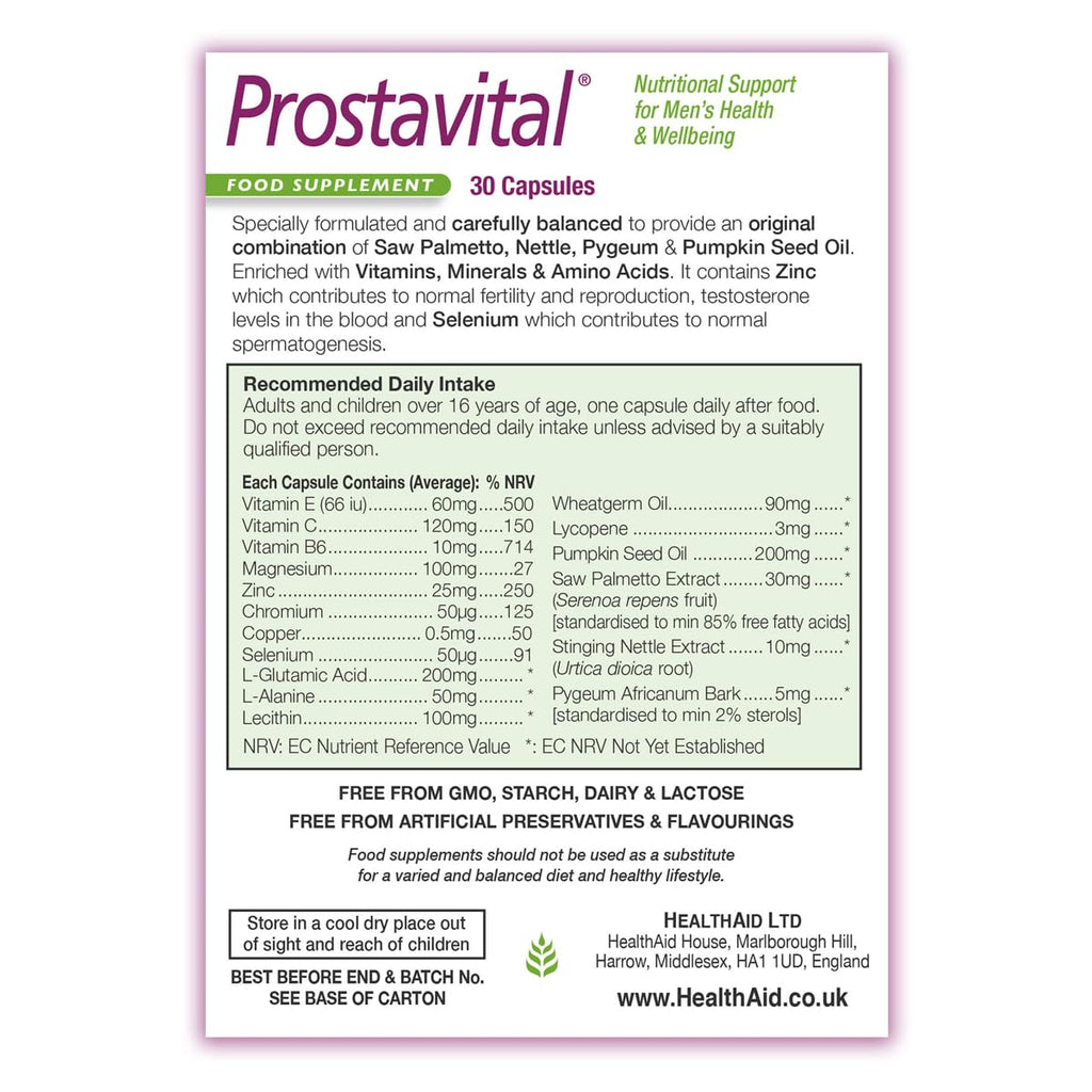 Health Aid Prostavital Blister Pack 30 Caps – Zinc, Selenium, Vitamin E, Lycopene