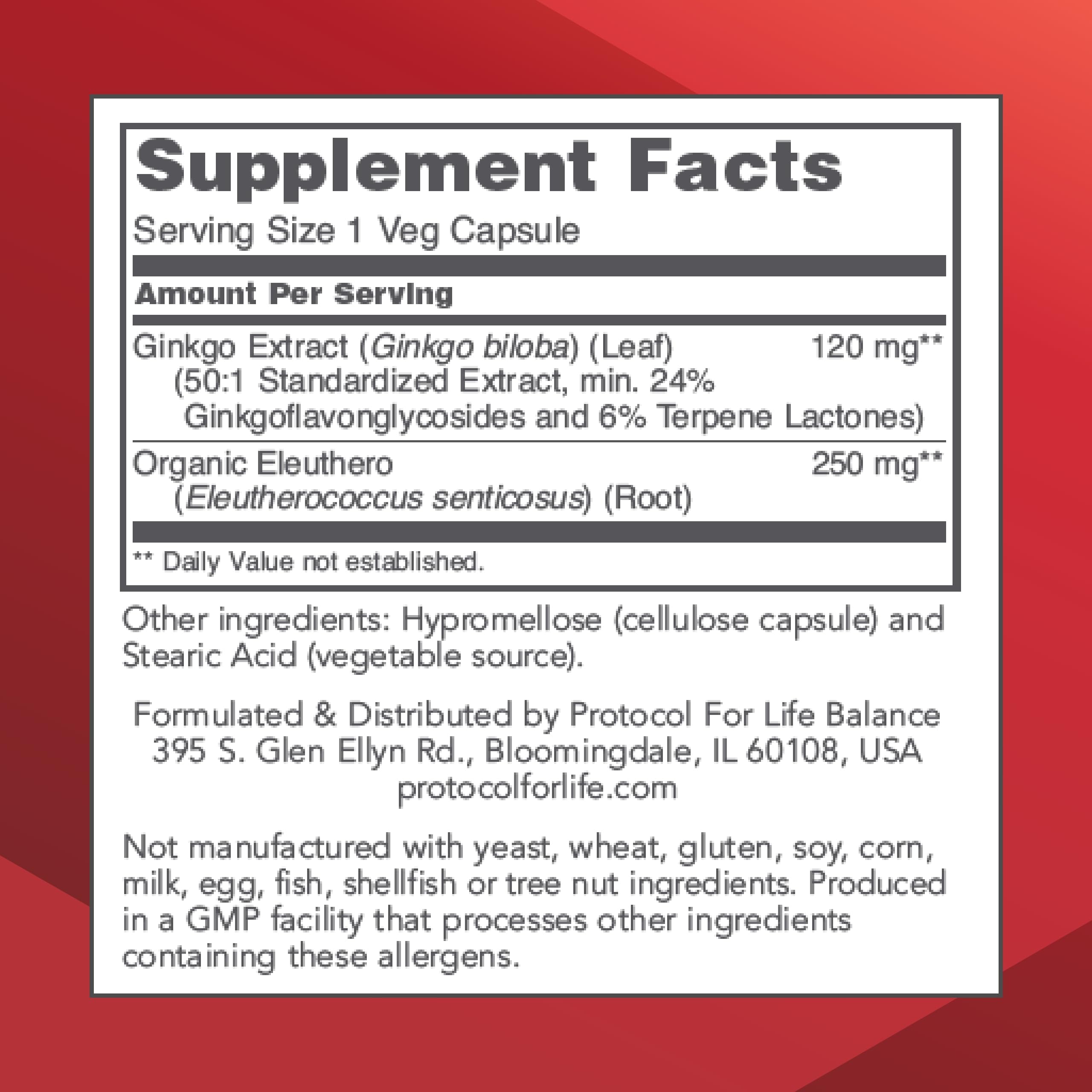 Protocol Ginkgo Biloba 120 mg with Eleuthero – Brain Health & Circulation | 100 Veg Capsules