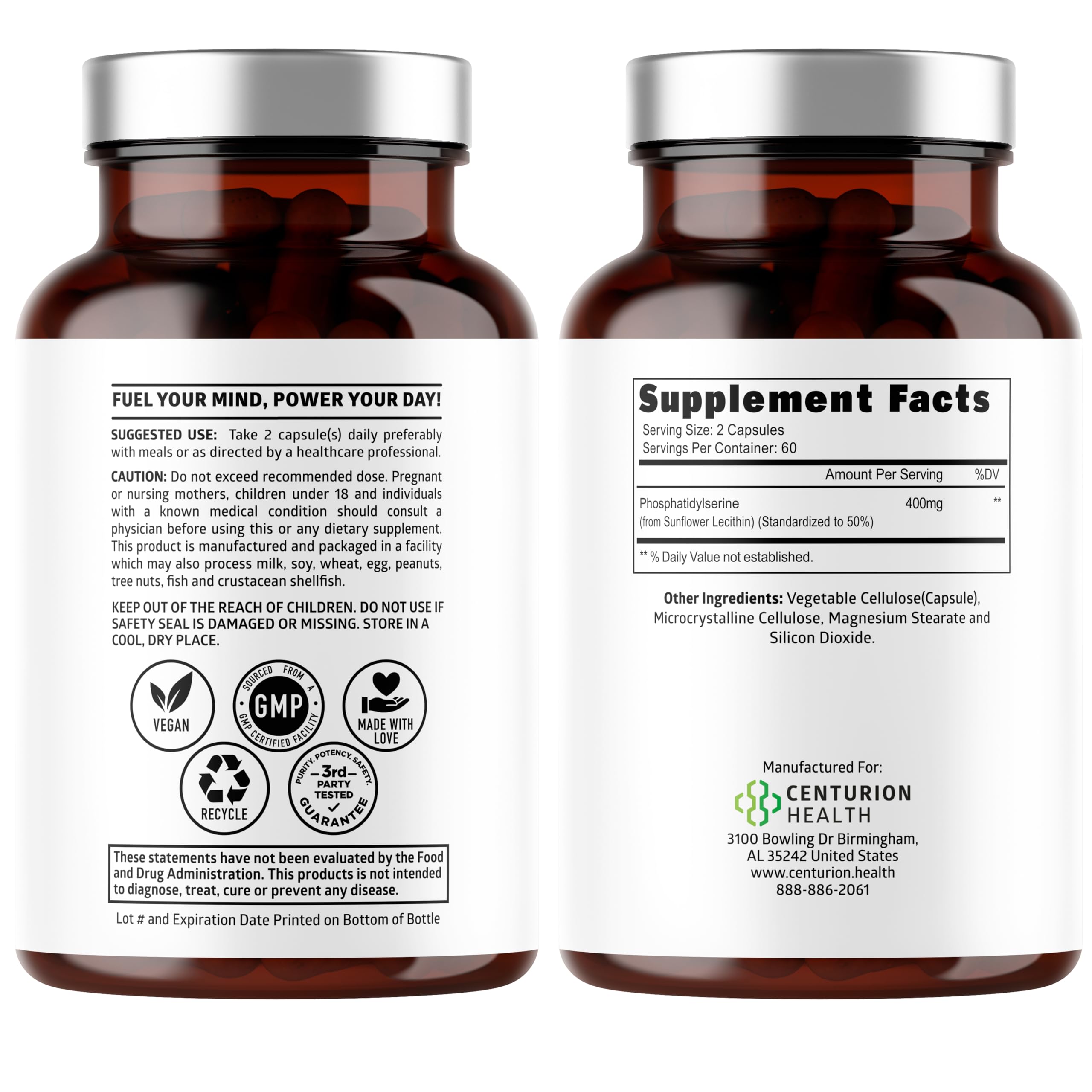 Number One Nutrition Phosphatidylserine 400mg – Sunflower Lecithin, Soy Free, 120 Veg Caps