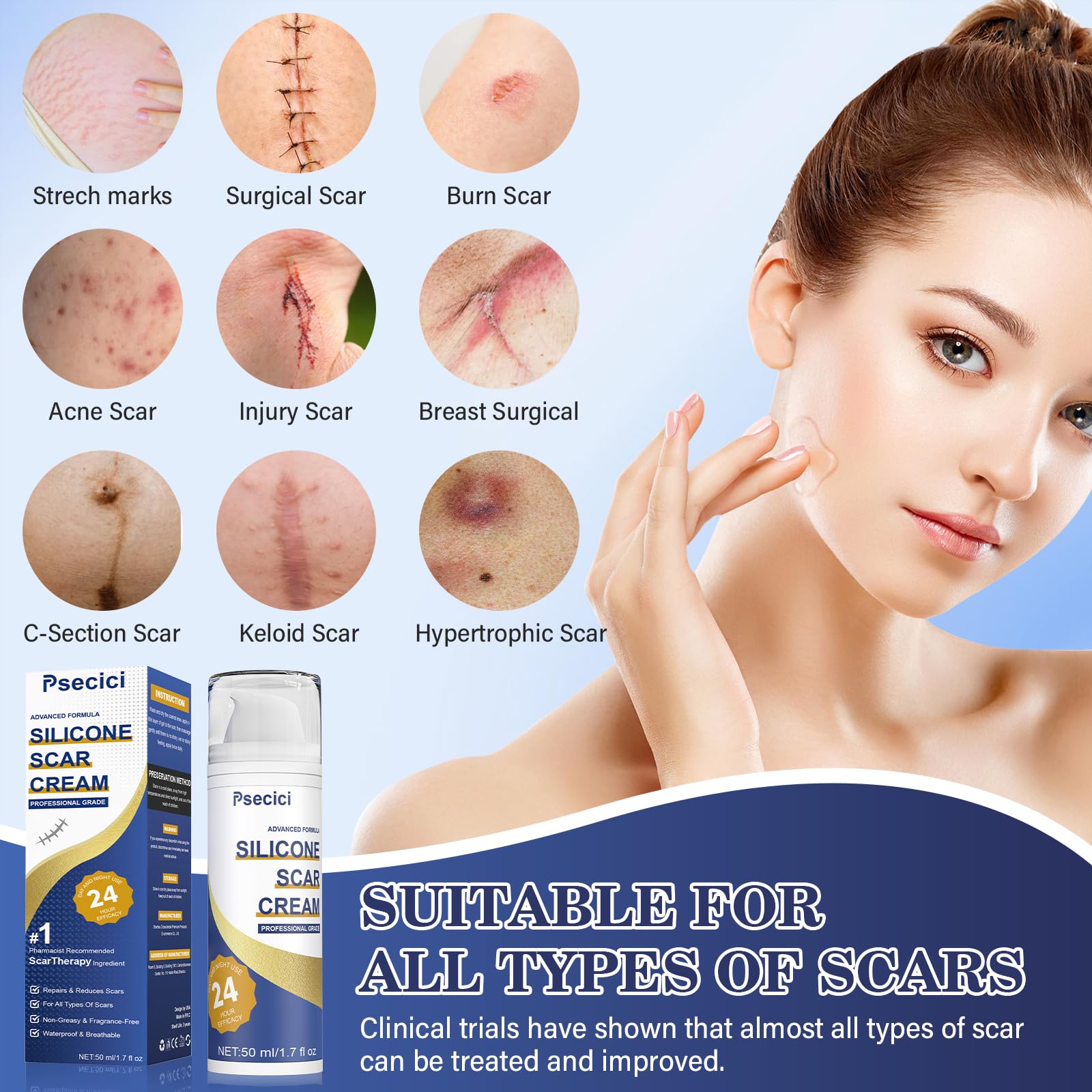 Psecici Silicone Scar Gel – Advanced Scar Cream (1.7 oz) for Surgical & Acne Scars
