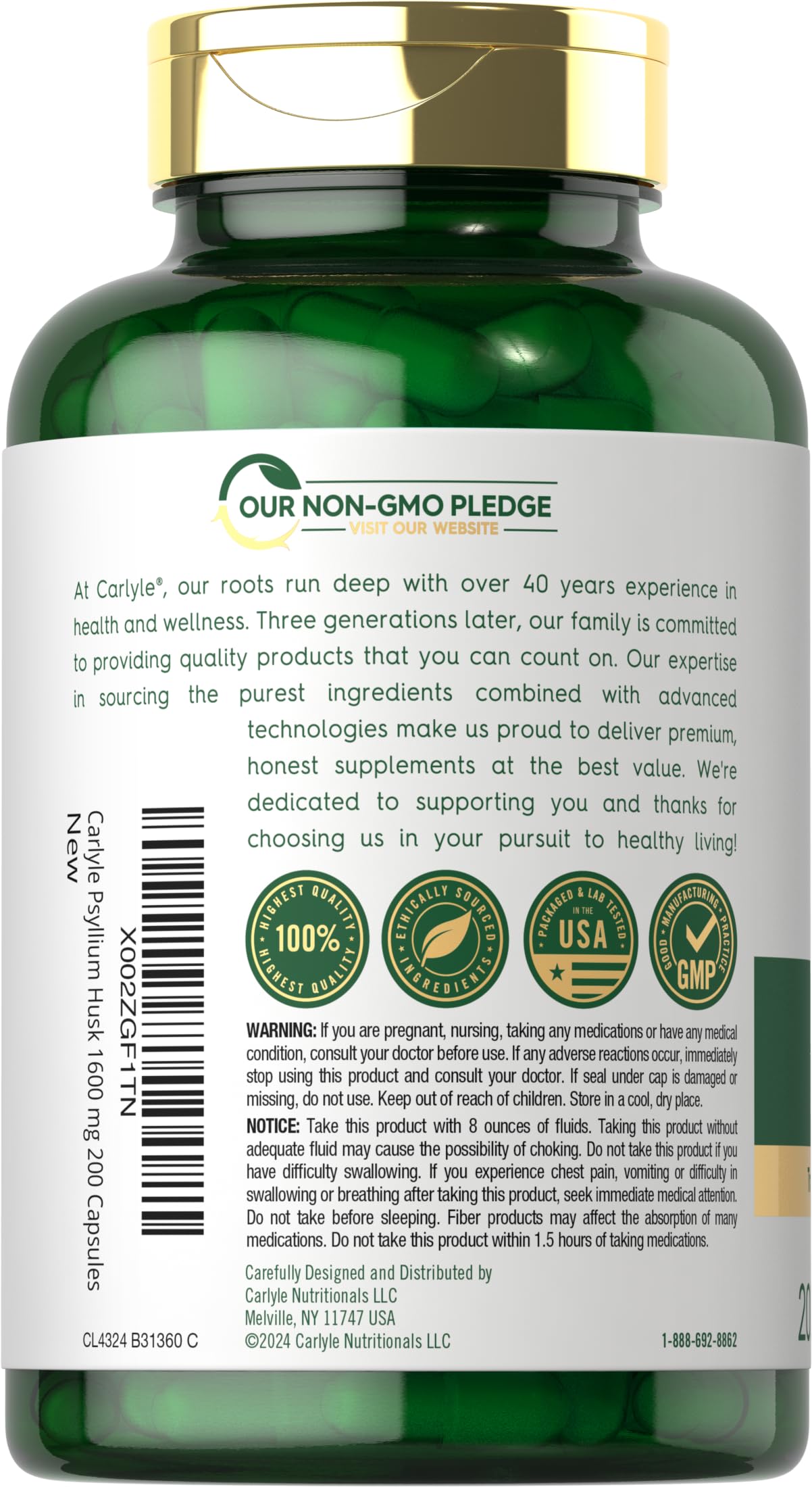 Carlyle Psyllium Husk Capsules 1600mg – 200 Count | High Potency Fiber