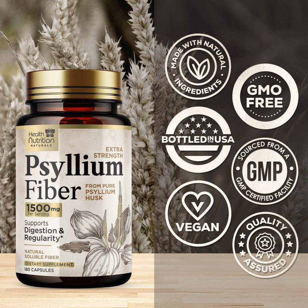 Psyllium Husk Capsules 1500 mg — Vegan Fiber Supplement for Digestive Health & Regularity | Non-GMO, 180 Veggie Capsules