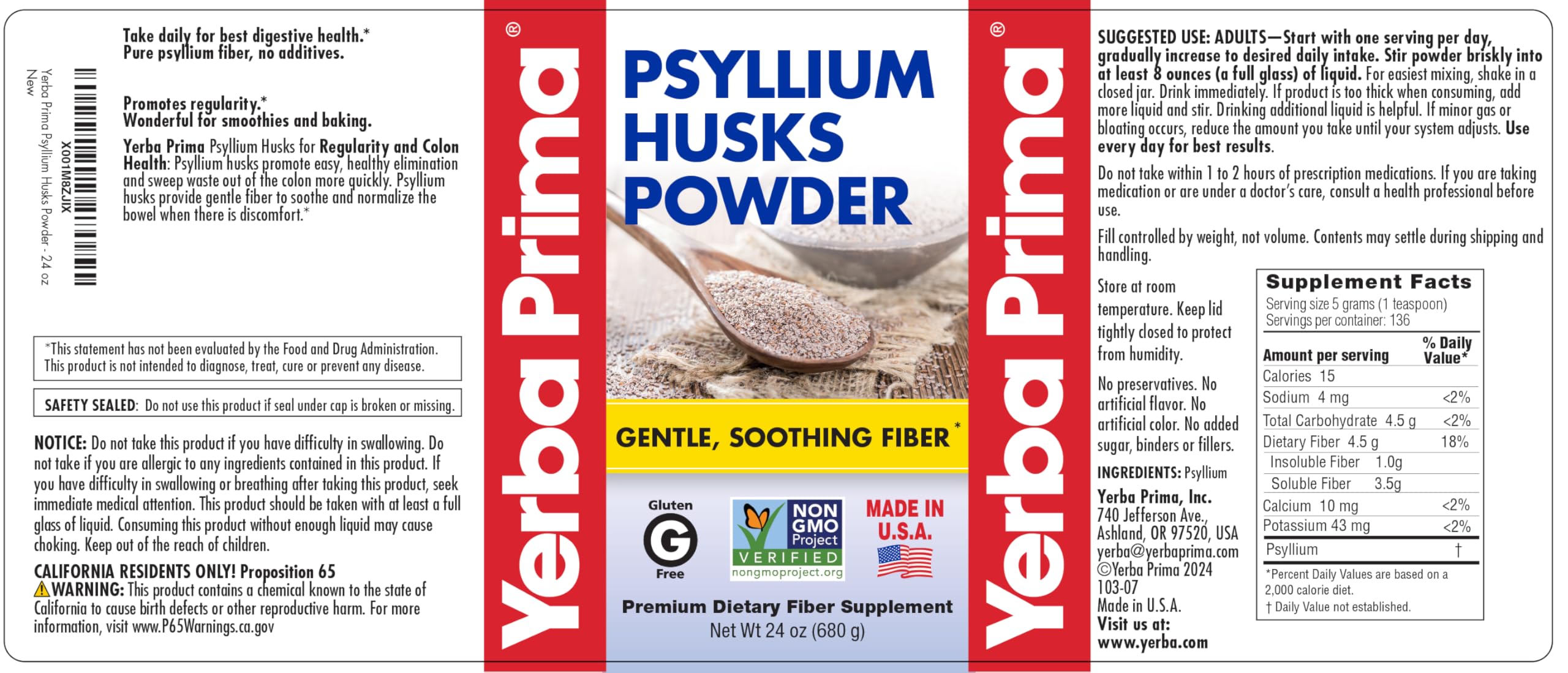 Yerba Prima Psyllium Husk Powder 24oz - Fine Ground, Unflavored, Sugar Free