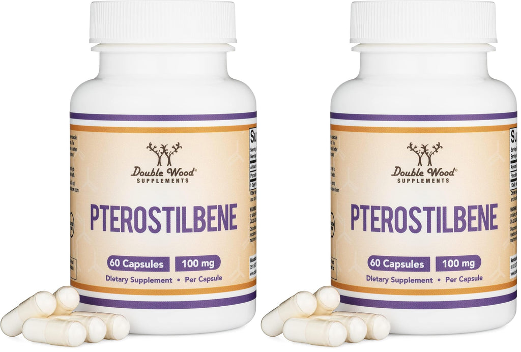 Double Wood Pterostilbene 100mg Capsules – 60 Count Pack of 2 | Third-Party Tested, Non-GMO, Gluten Free