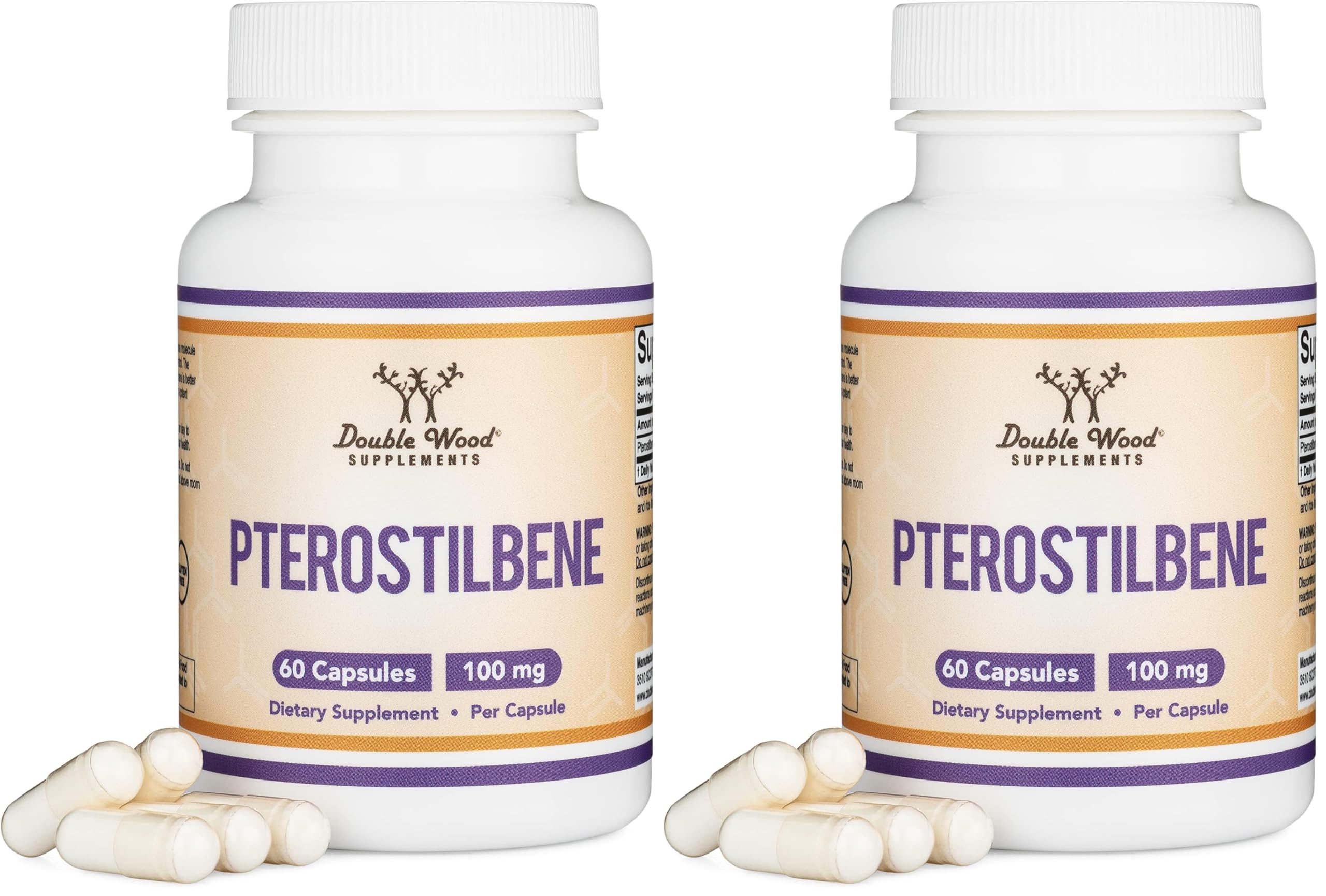 Double Wood Pterostilbene 100mg Capsules – 60 Count Pack of 2 | Third-Party Tested, Non-GMO, Gluten Free