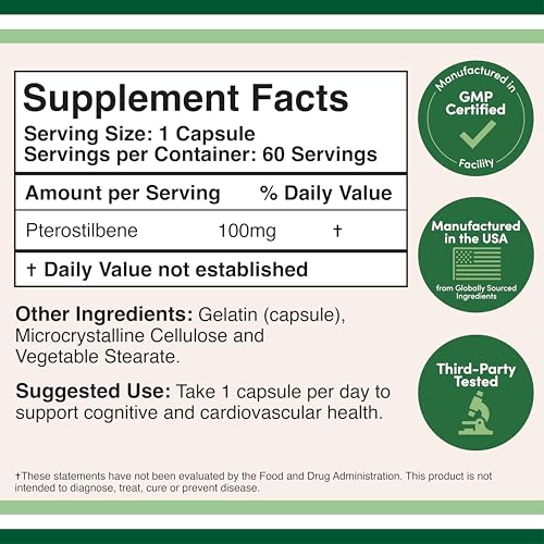 Pterostilbene 100mg Capsules – 60 Count | Non-GMO, Gluten Free | Third-Party Tested | Double Wood
