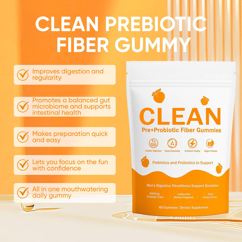 pucges Clean Prebiotic Fiber Gummies for Men – Peach Flavor, Sugar-Free, 60 Count