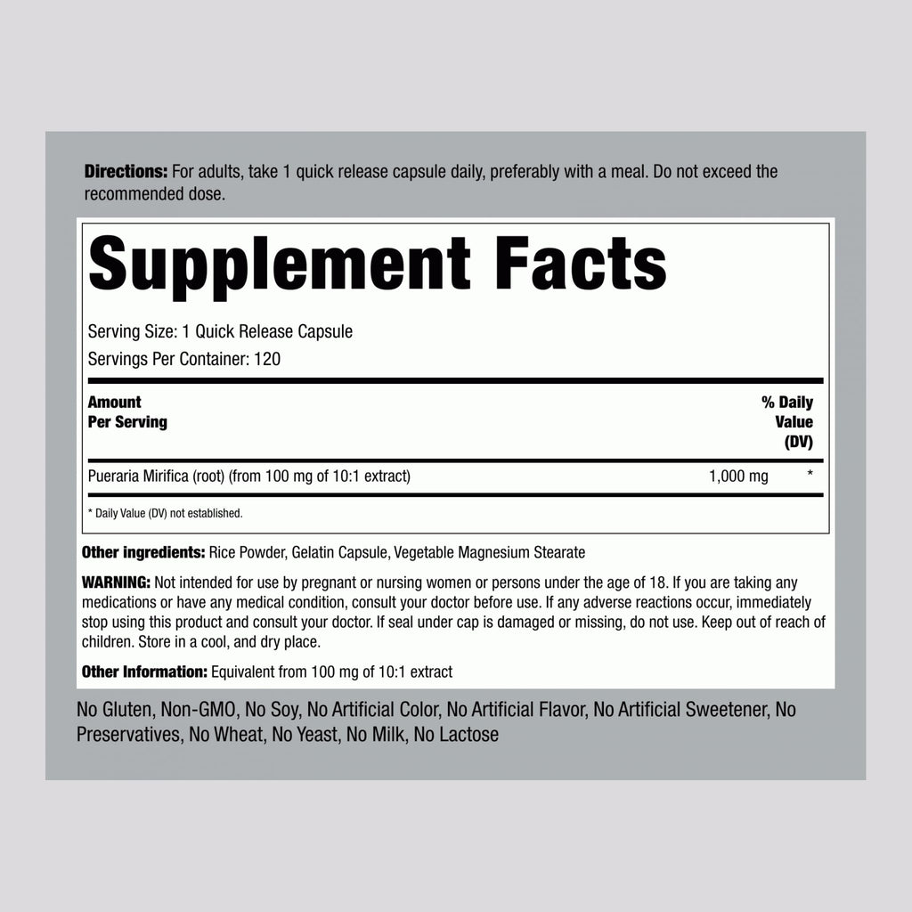 Piping Rock Pueraria Mirifica Capsules 1000mg - 120 Pills - Gluten Free, Non-GMO