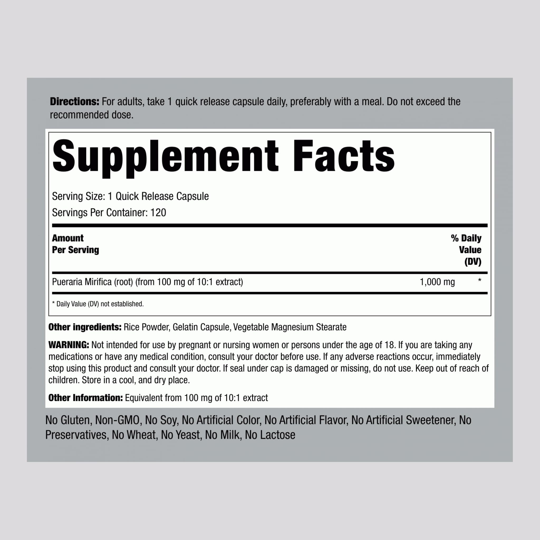 Piping Rock Pueraria Mirifica Capsules 1000mg - 120 Pills - Gluten Free, Non-GMO