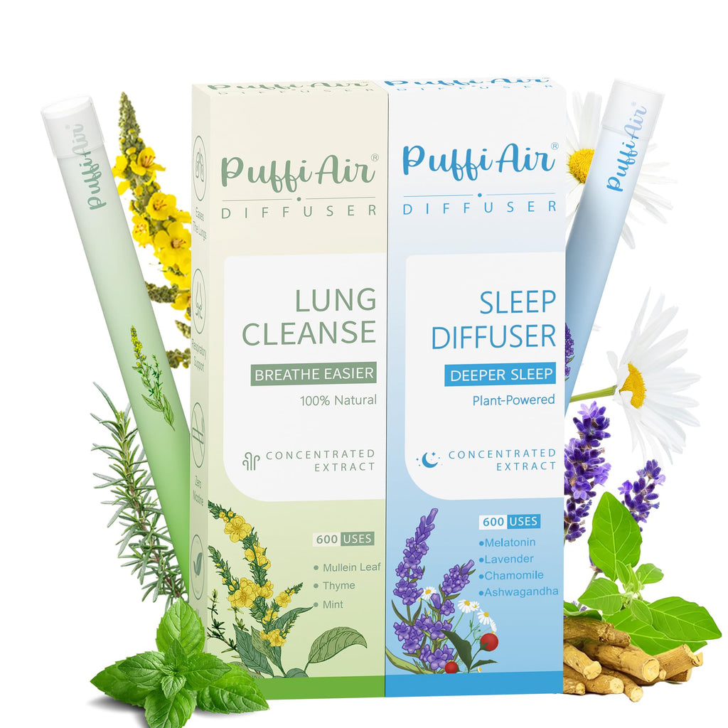 PUFFIAIR Herbal Diffuser Duo – Mullein & Melatonin | Night & Day Relax Duo, 600 Uses per Stick