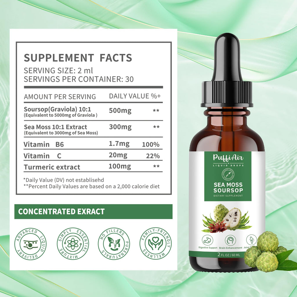 PUFFIAIR Soursop & Sea Moss Liquid Drop – Immune Support & Sleep, 2oz