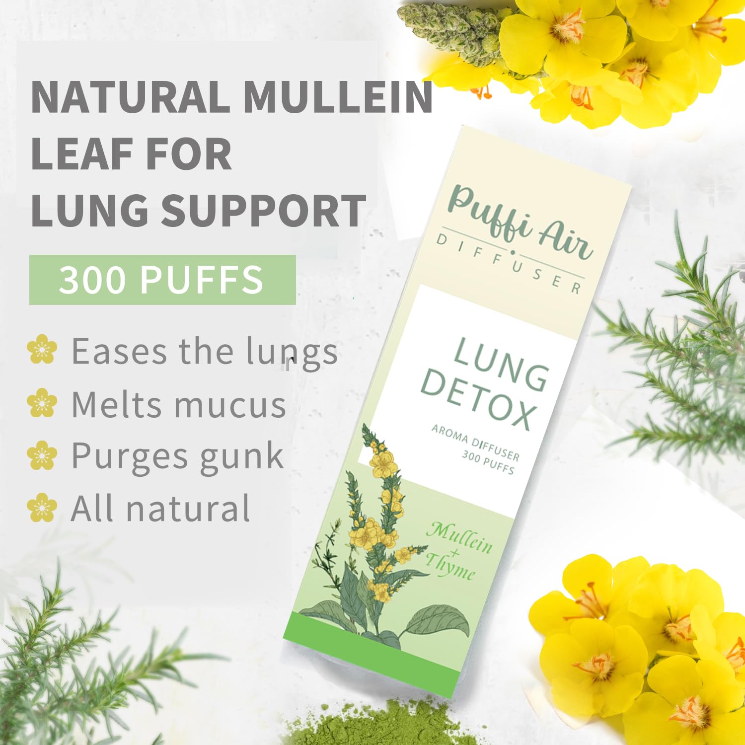 PUFFIAIR Herbal Diffuser – Mullein, Thyme & Mint for Respiratory Comfort | 300 Uses, 2 Packs, 3 Sticks