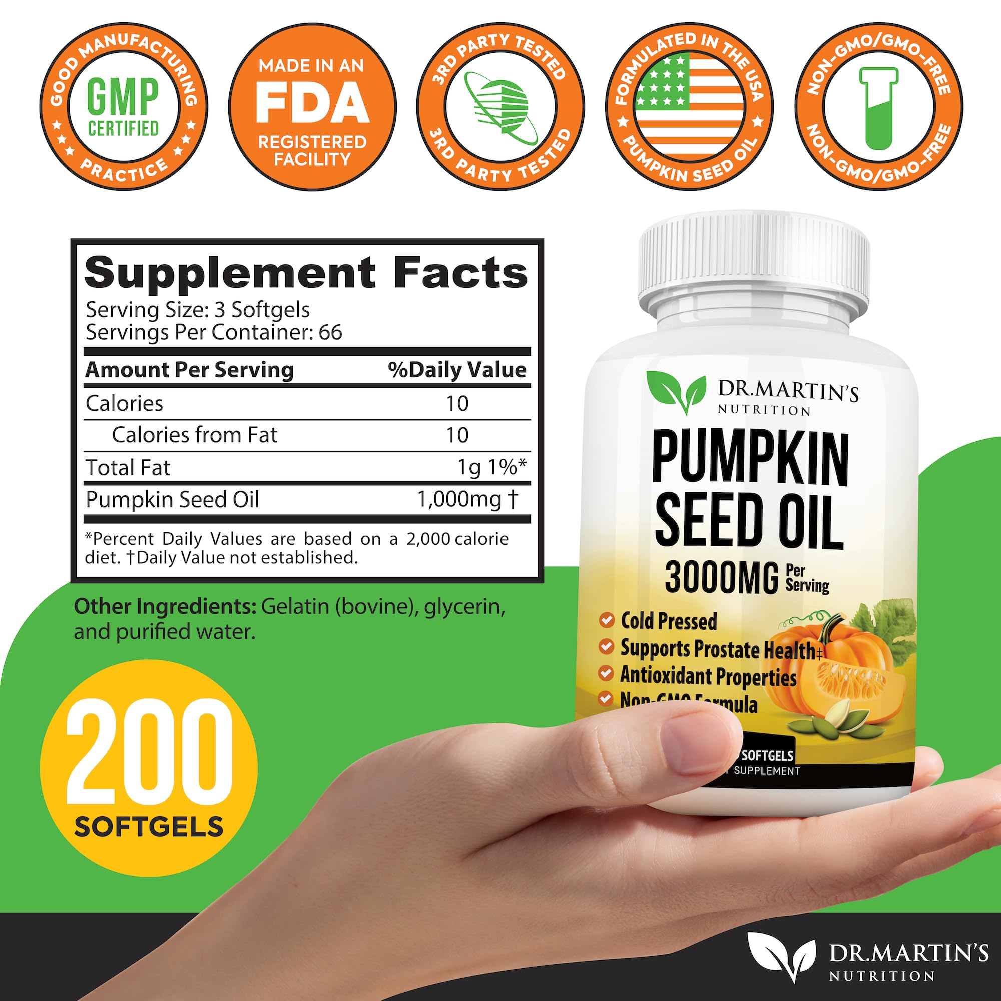 3000mg Cold-Pressed Pumpkin Seed Oil – DHT Blocker for Hair Growth | 200 Softgels