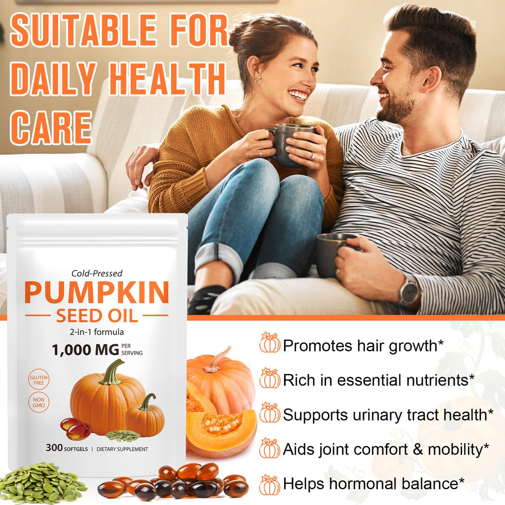 Pumpkin Seed Oil Capsules 300PCS – 2-in-1 Cold-Pressed, Non-GMO for Hair, Prostate & Urinary Health