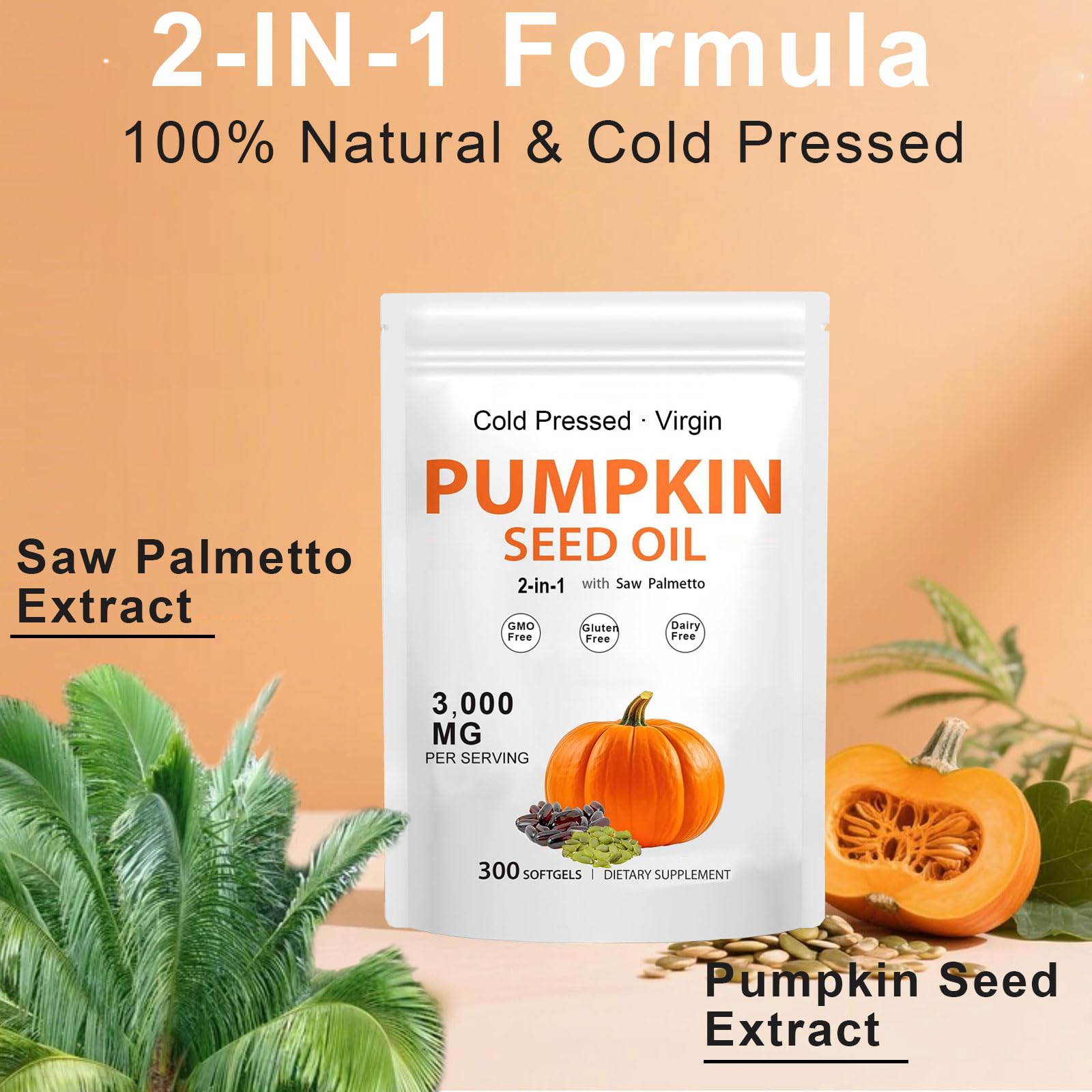 Pumpkin Seed Oil Capsules with Saw Palmetto – Cold-Pressed for Bladder & Prostate Health | Non-GMO, Gluten Free, 300 Softgels
