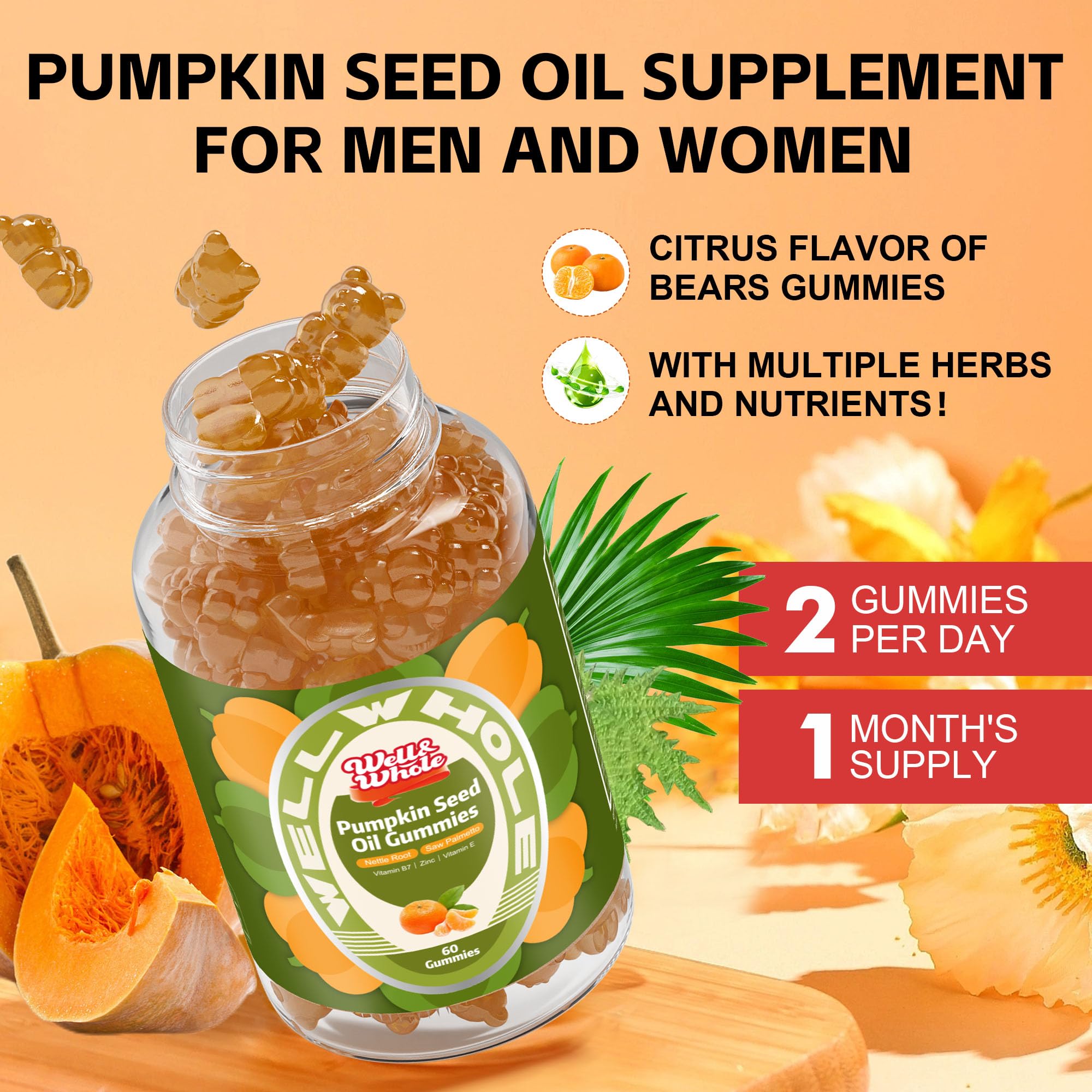Well&Whole Pumpkin Seed Oil Gummies – Hair Growth, Prostate & Urinary Support | Vegan, Sugar-Free
