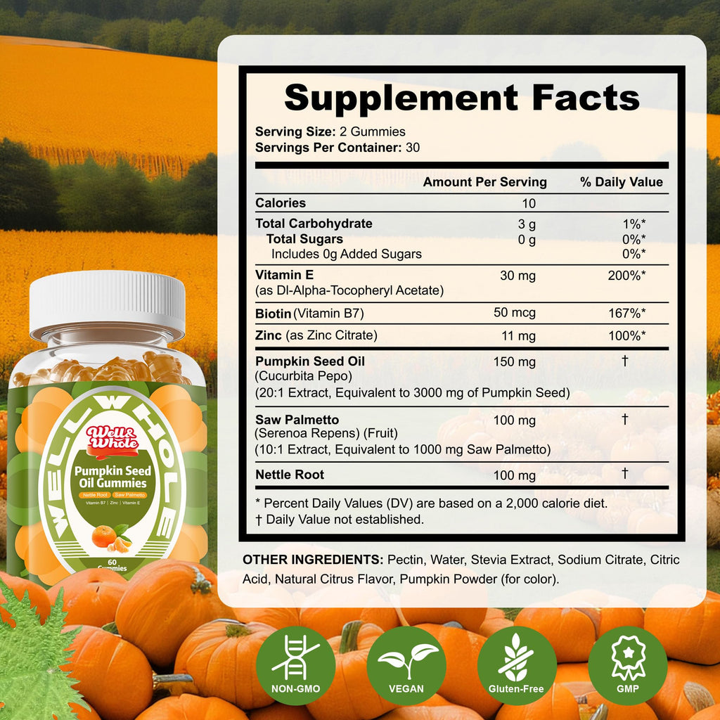 Well&Whole Pumpkin Seed Oil Gummies – Hair Growth, Prostate & Urinary Support | Vegan, Sugar-Free
