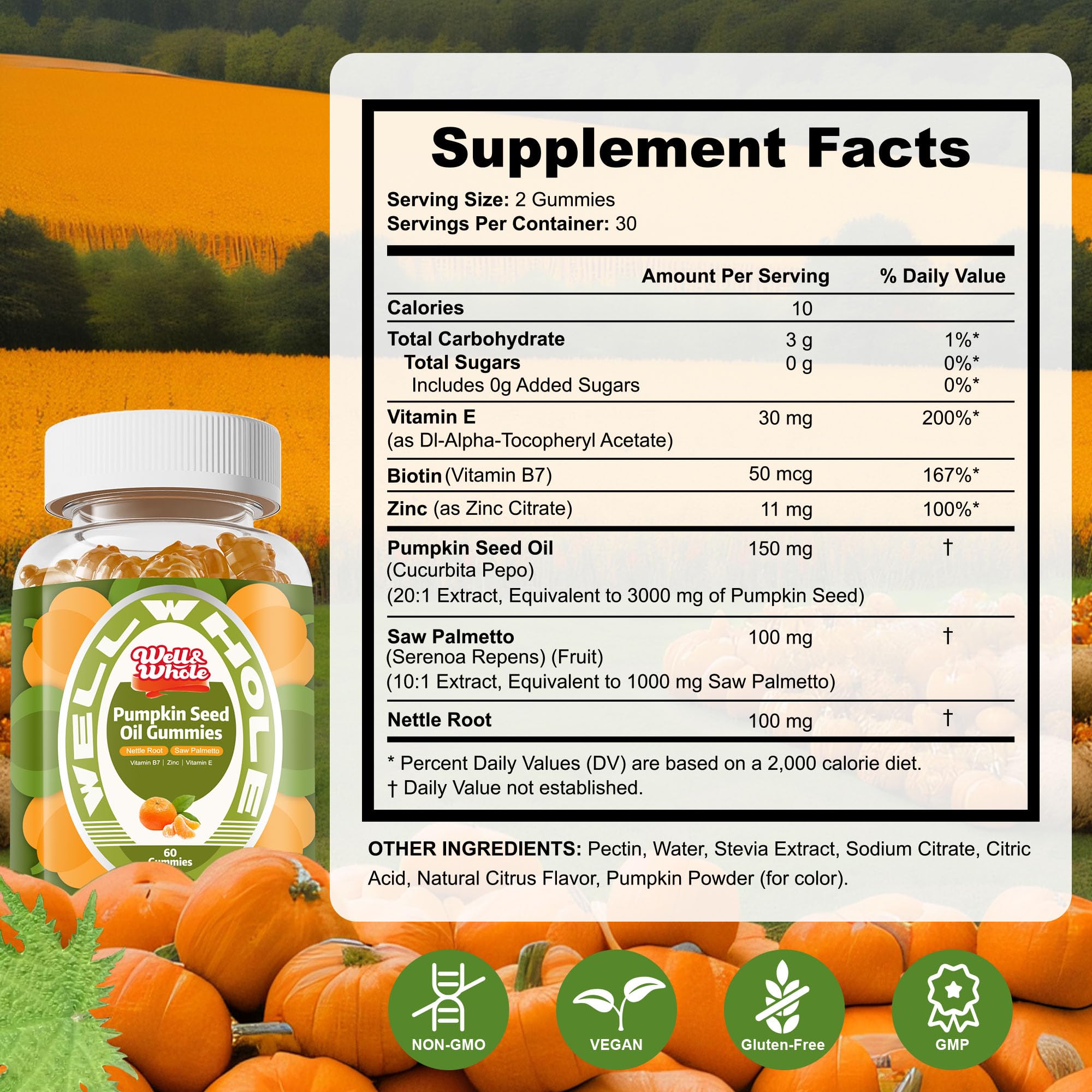 Well&Whole Pumpkin Seed Oil Gummies – Hair Growth, Prostate & Urinary Support | Vegan, Sugar-Free