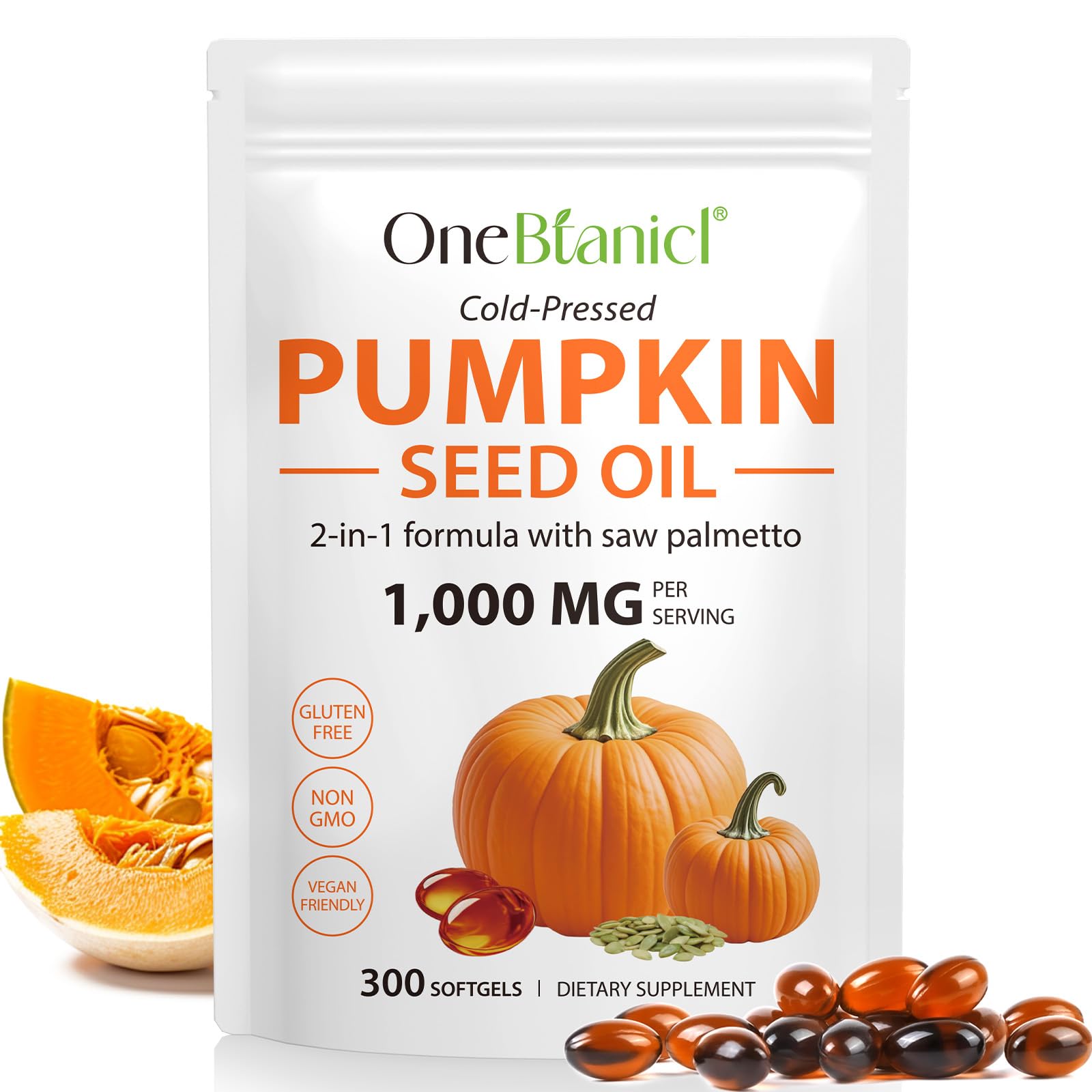 Pumpkin Seed Oil with Saw Palmetto - 3000mg Per Serving, 300 Softgels - Cold Pressed, Pure Virgin Oil, Essential Fatty Acids & Phytosterols - Supports Hair, Urinary, Bladder & Prostate Health, Non-GMO